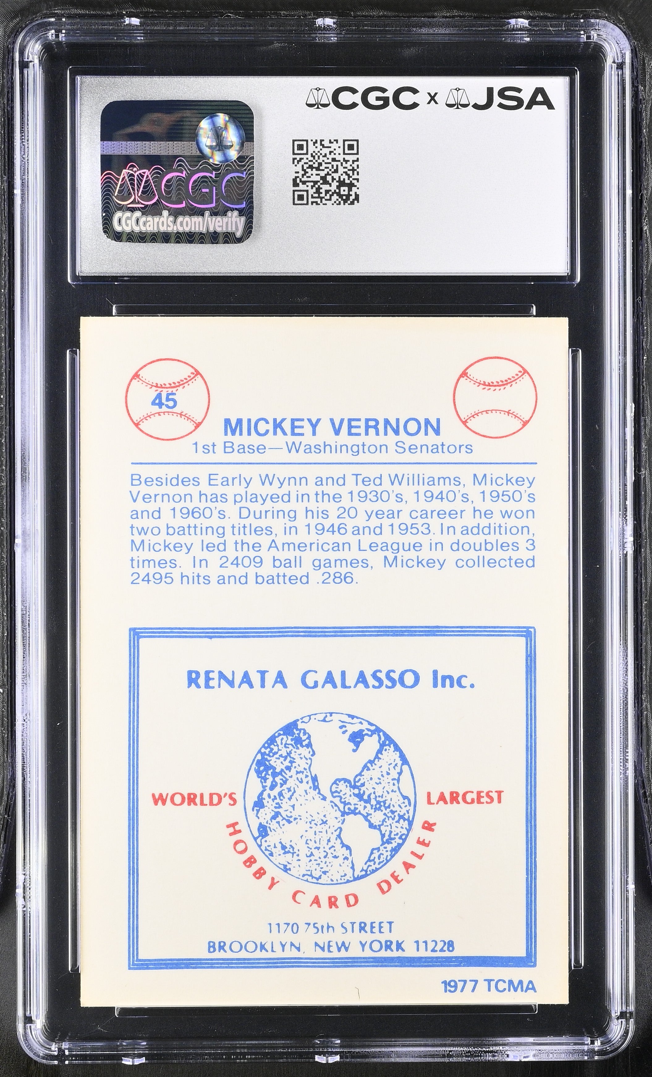 1977 Tcma Renata Galasso Mickey Vernon #45 CGC Authentic JSA Auto 9