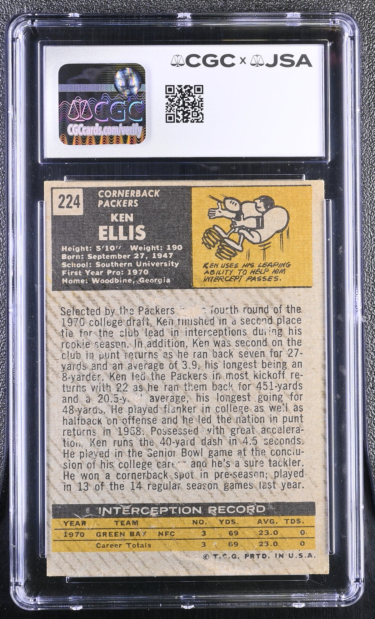 1971 Topps Ken Ellis Auto Autograph #224 CGC Authentic JSA Green Bay Packers