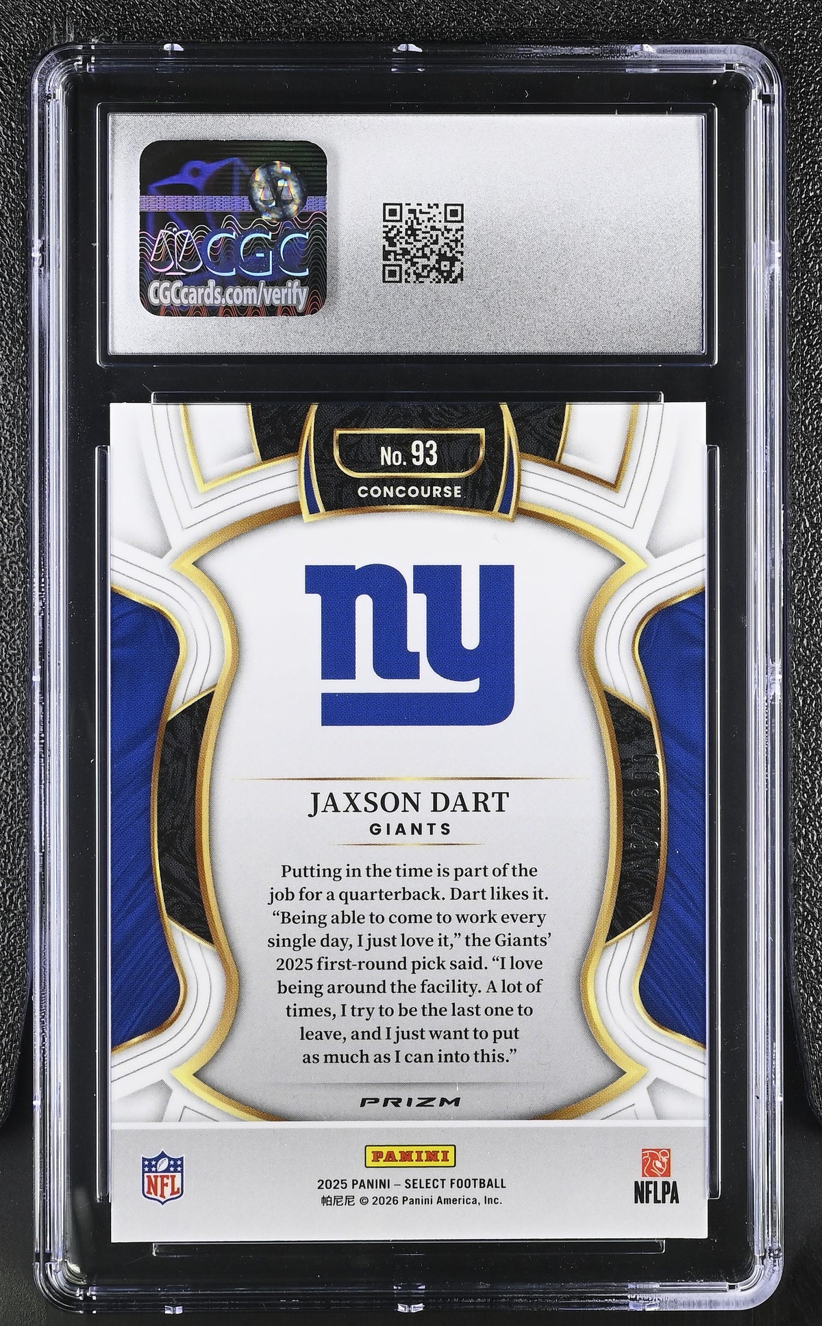 2025 Panini Select Jaxson Dart Purple Shock /699 Rookie #93 CGC 10 Giants