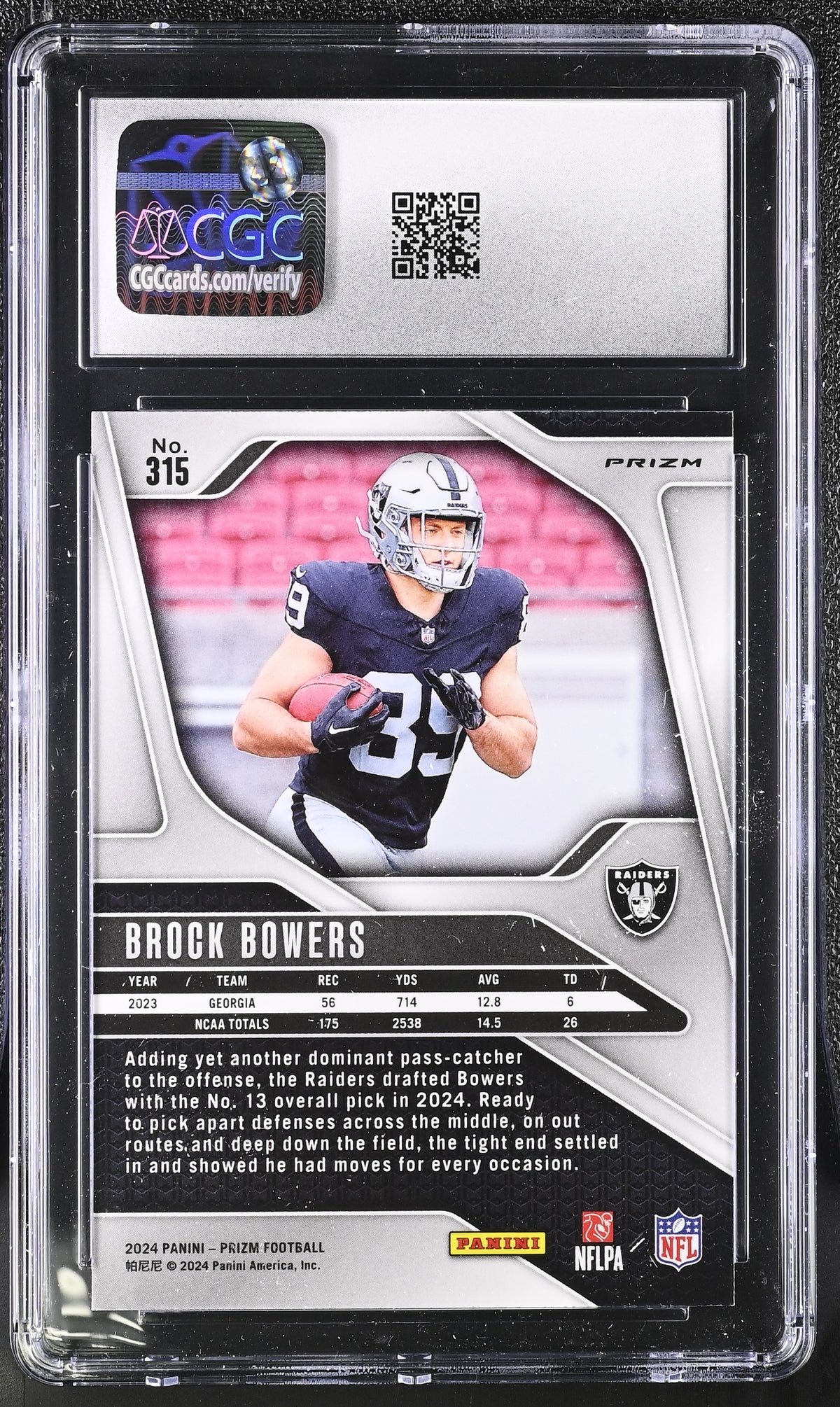 2024 Panini Prizm Brock Bowers Lazer Rookie #315 CGC 9.5 Las Vegas Raiders
