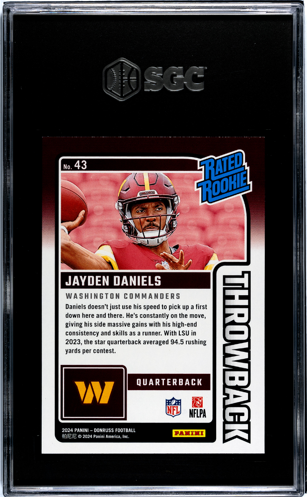 2024 Donruss Jayden Daniels Throwback Rookie #43 SGC 10 Washington Commanders
