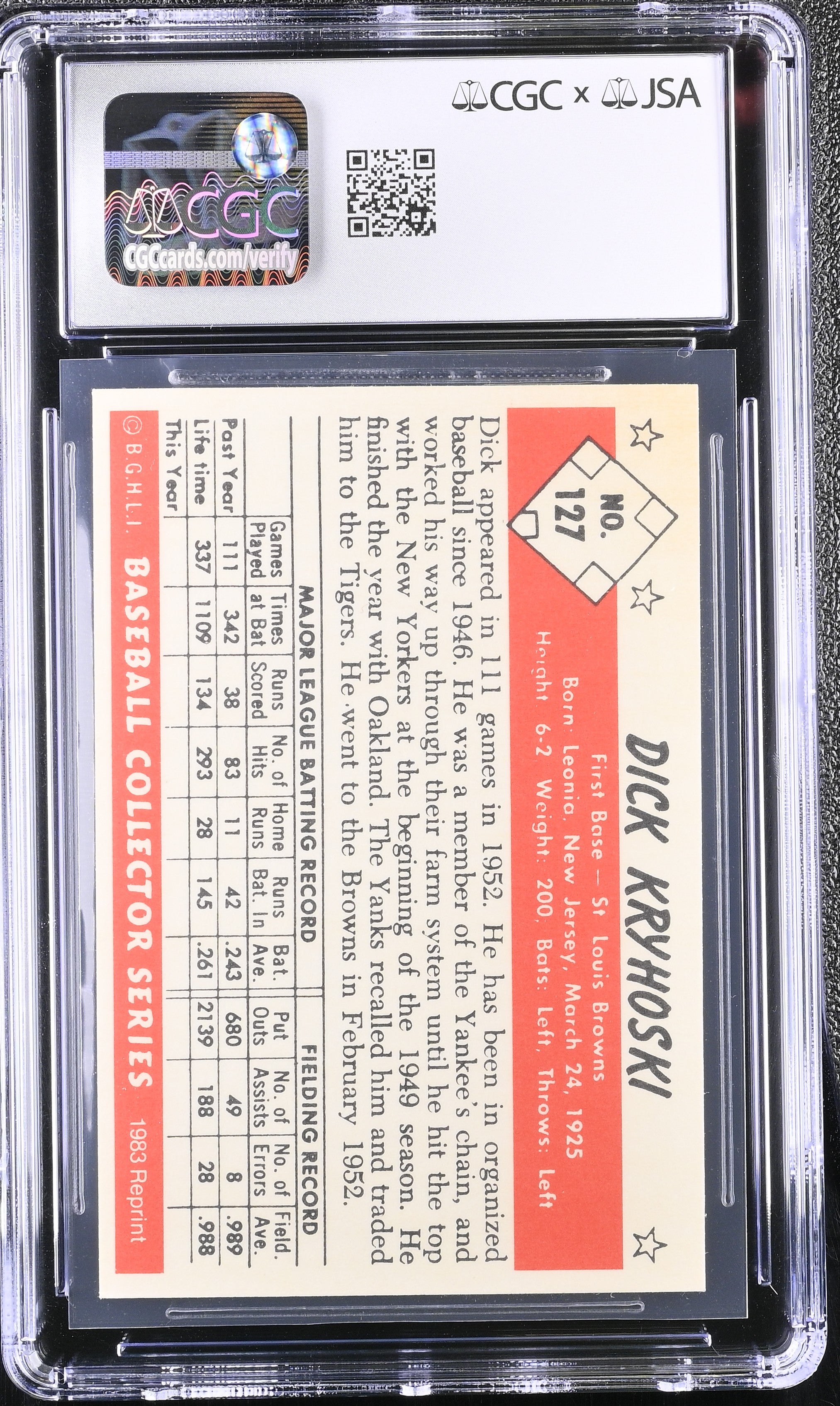 1983 C.C.C. Dick Kryhoski #127 '53 Bowman Color Reprints CGC Authentic JSA Auto Authentic