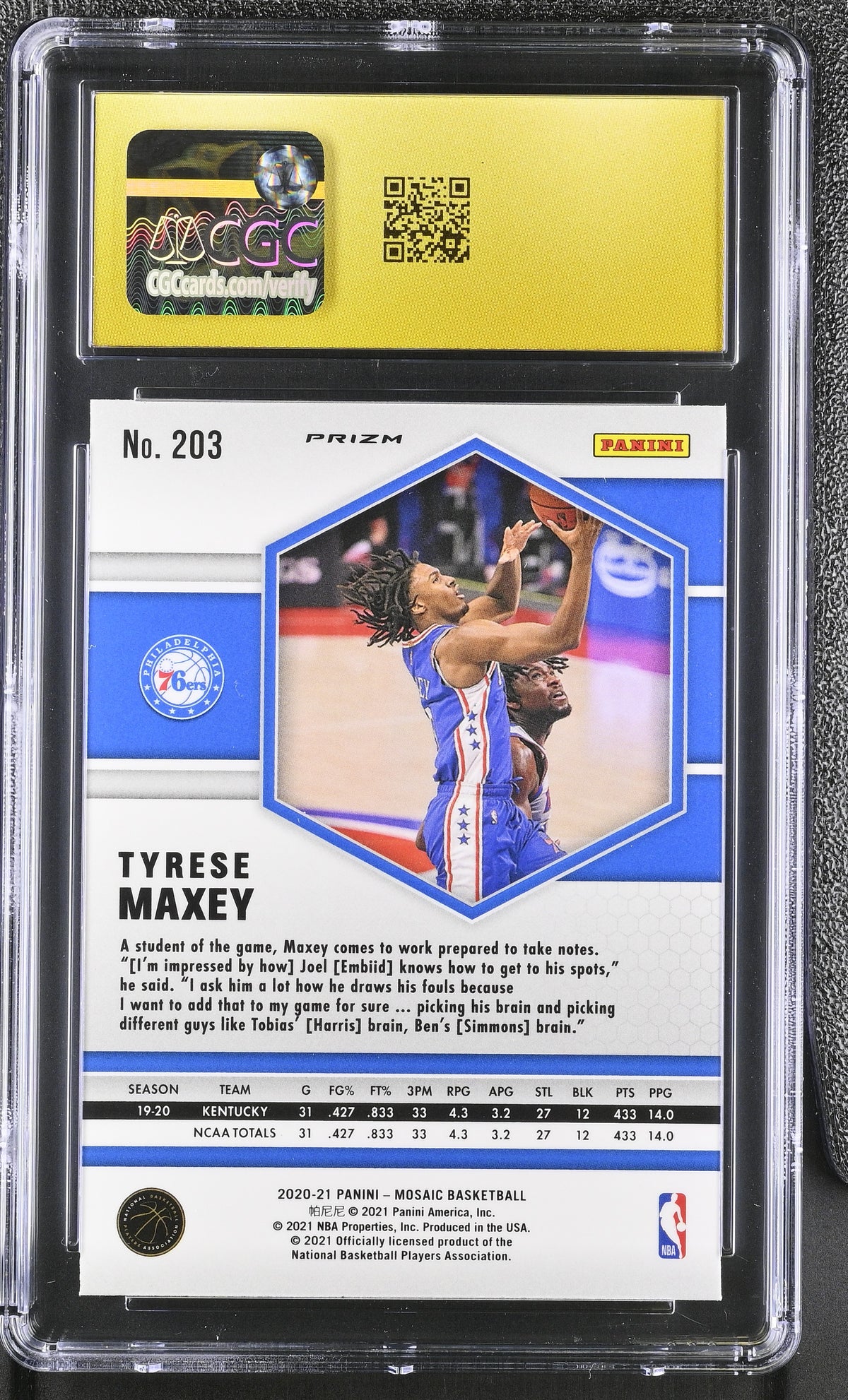 2020-21 Panini Mosaic Tyrese Maxey Reactive Yellow Rookie #203 CGC 10 76ers