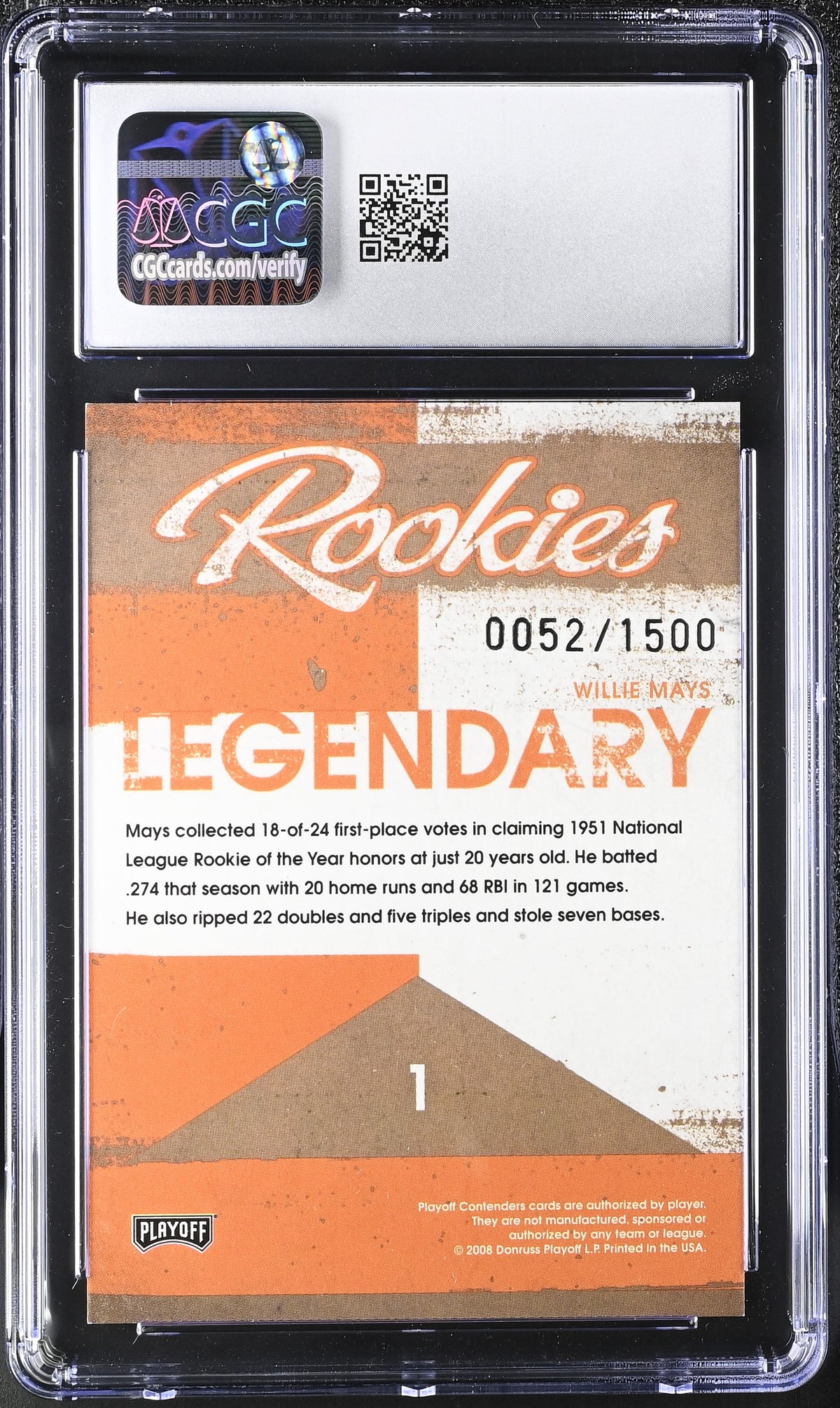 2008 Playoff Contenders Willie Mays /1500 Legendary Rookies #1 CGC 10 Giants