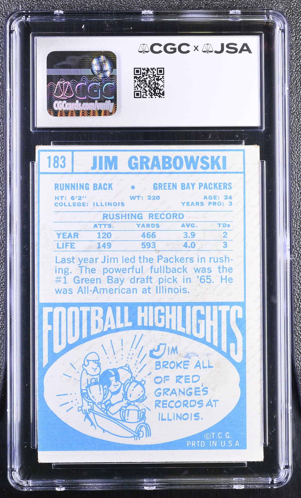 1968 Topps Jim Grabowski Auto Autograph #183 CGC Authentic JSA Green Bay Packers