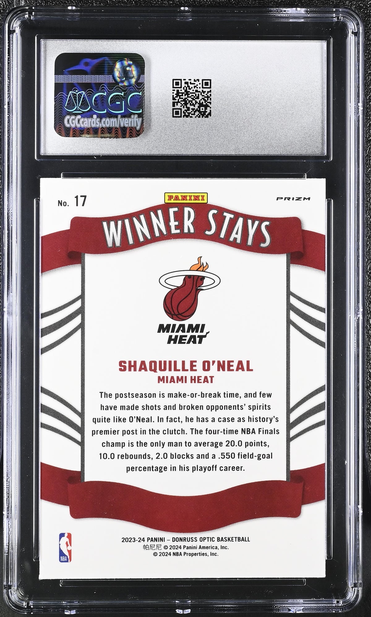 2023-24 Donruss Optic Shaquille O'Neal Purple Winner Stays #17 CGC 10 Miami Heat