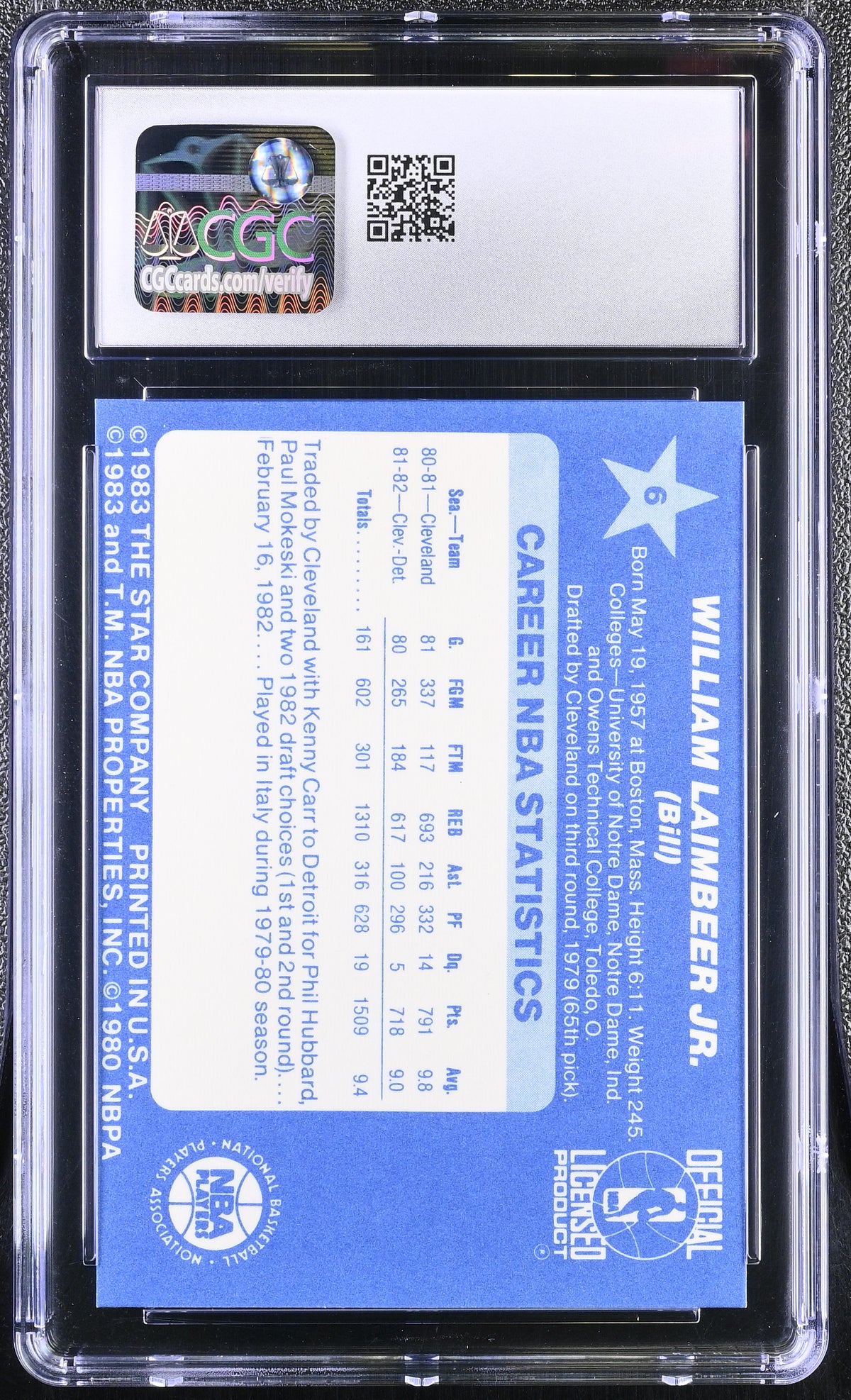 1983 Star All- Game Bill Laimbeer #6 CGC 7 Detroit Pistons