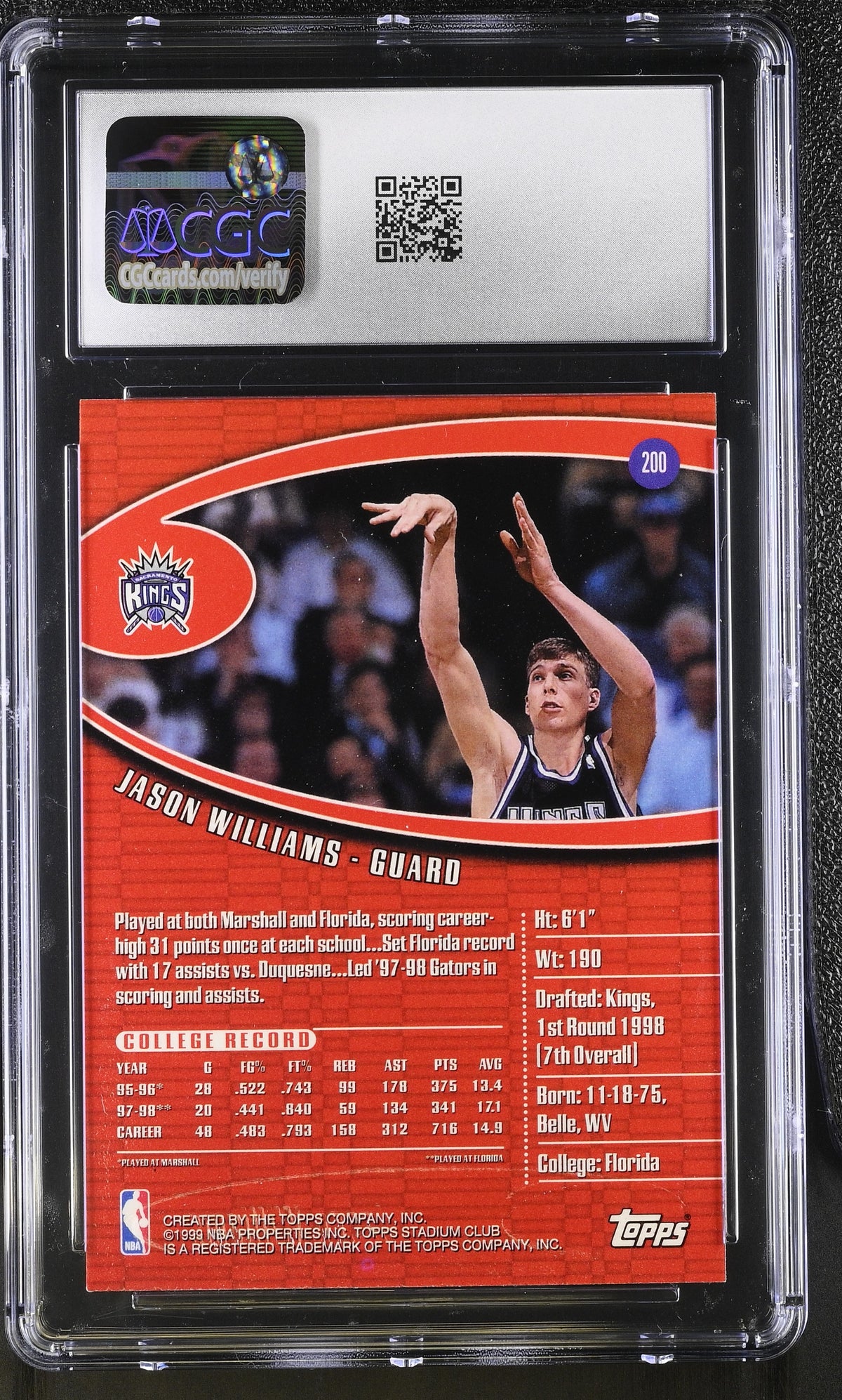 1998-99 Stadium Club Jason Williams Rookie #200 CGC 10 Sacramento Kings