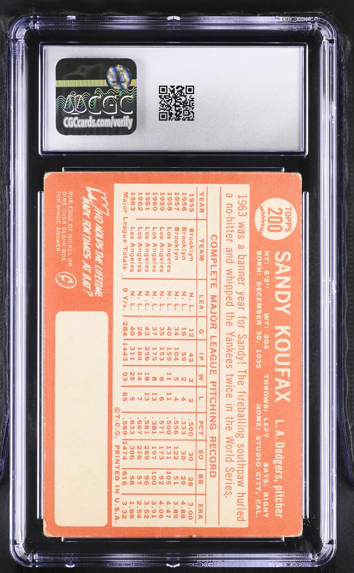 1964 Topps Sandy Koufax #200 CGC 2 Los Angeles Dodgers