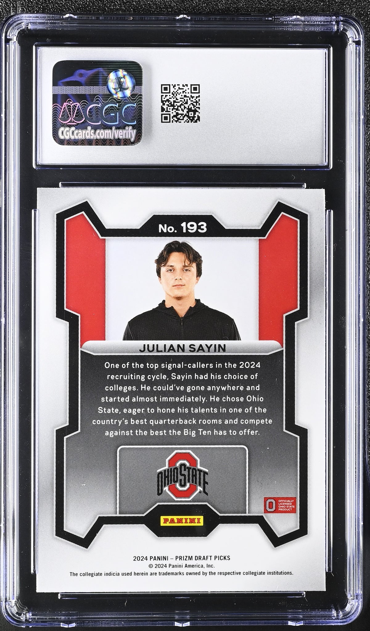 2024 Panini Prizm Draft Picks Julian Sayin Rookie #193 CGC 9.5 Ohio State
