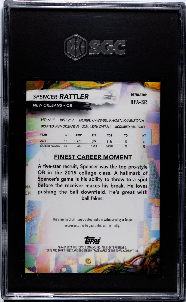 2024 Topps Finest Spencer Rattler Rookie Autograph #RFA-SR SGC 10 Saints