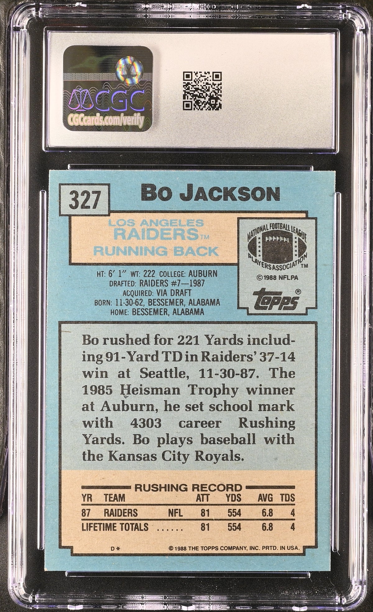 1988 Topps Bo Jackson Rookie #327 CGC 7.5 Oakland Raiders