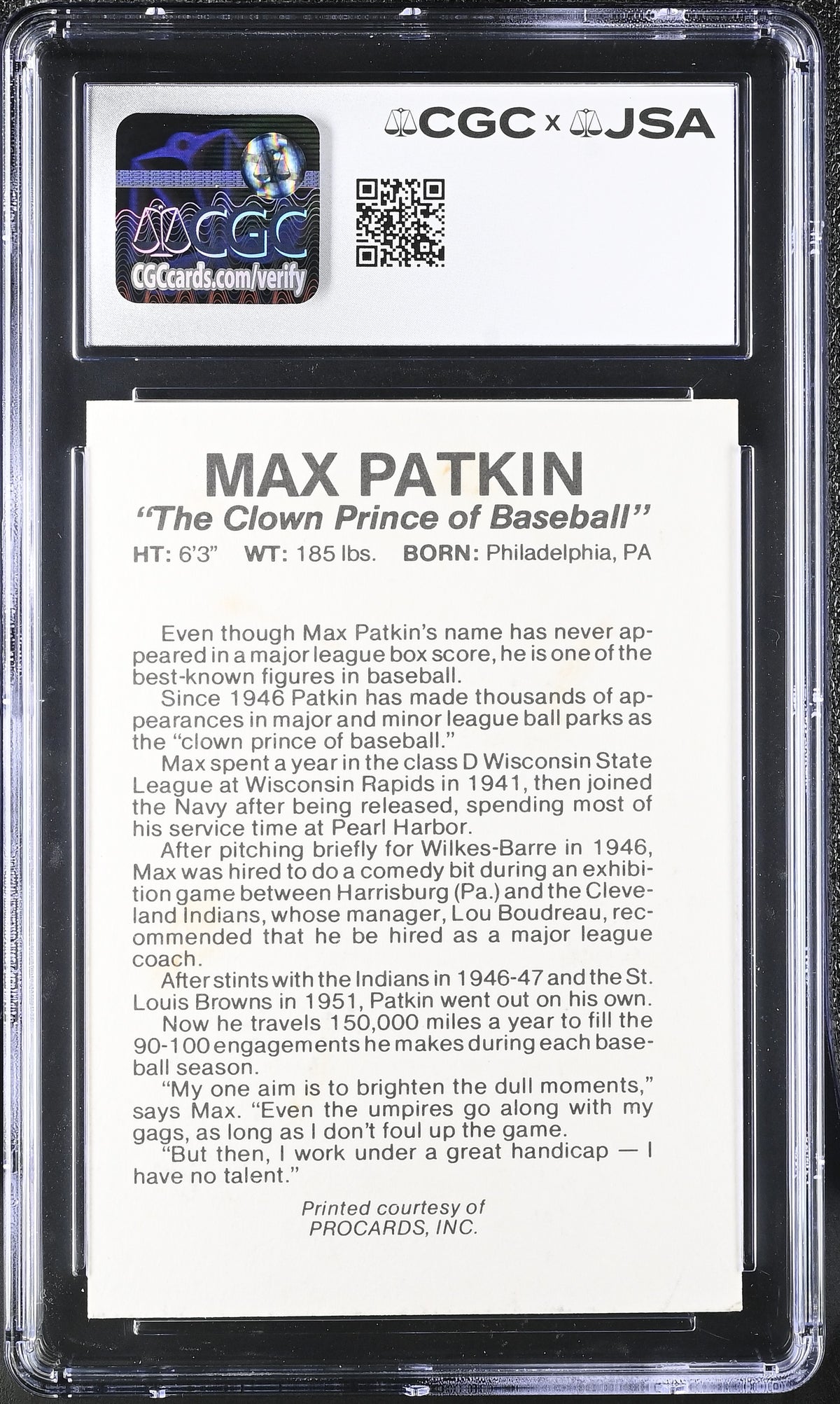 1999 Procards Max Patkin Clown Prince of Baseball Auto Autograph CGC Authentic