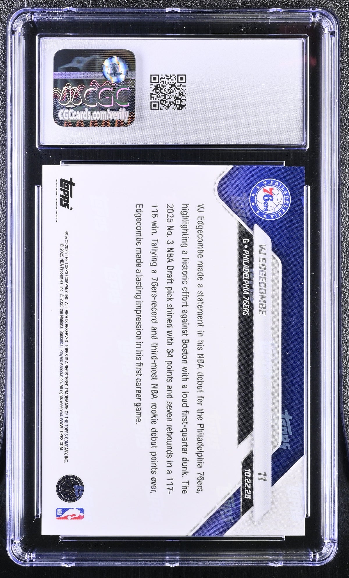 2025-26 Topps Now VJ Edgecombe Rookie #11 CGC 10 Philadelphia 76ers