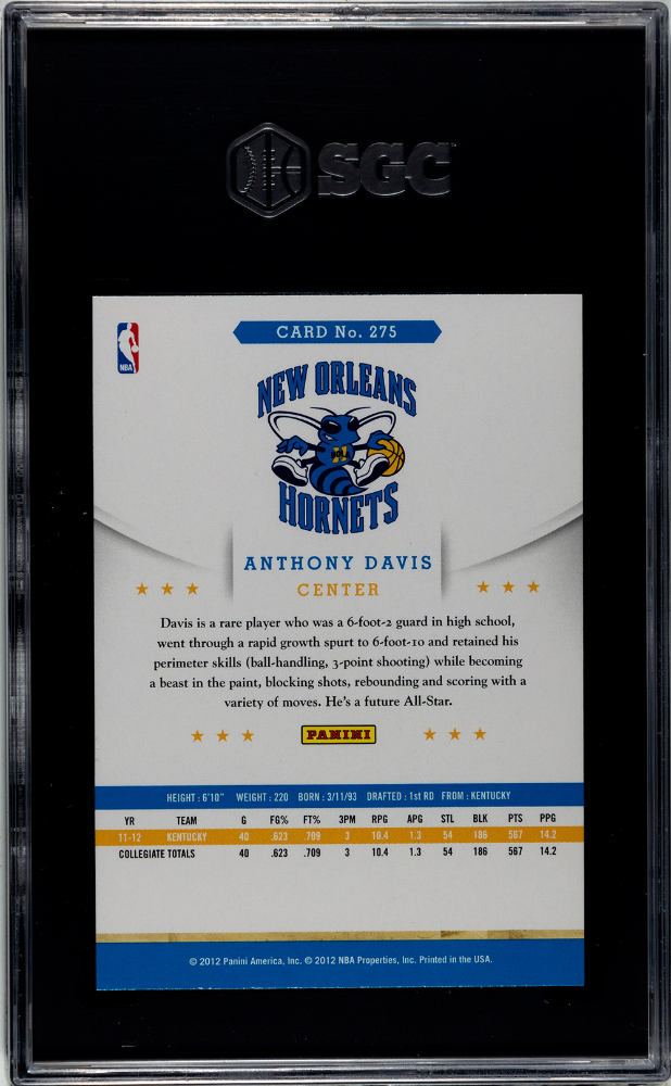 2012 Panini Hoops Anthony Davis #275 SGC 10 Charlotte Hornets