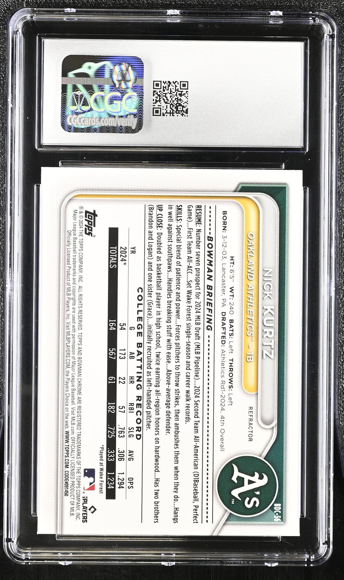2024 Bowman Draft Nick Kurtz Refractor Rookie Chrome #BDC-56 CGC 9.5 Athletics