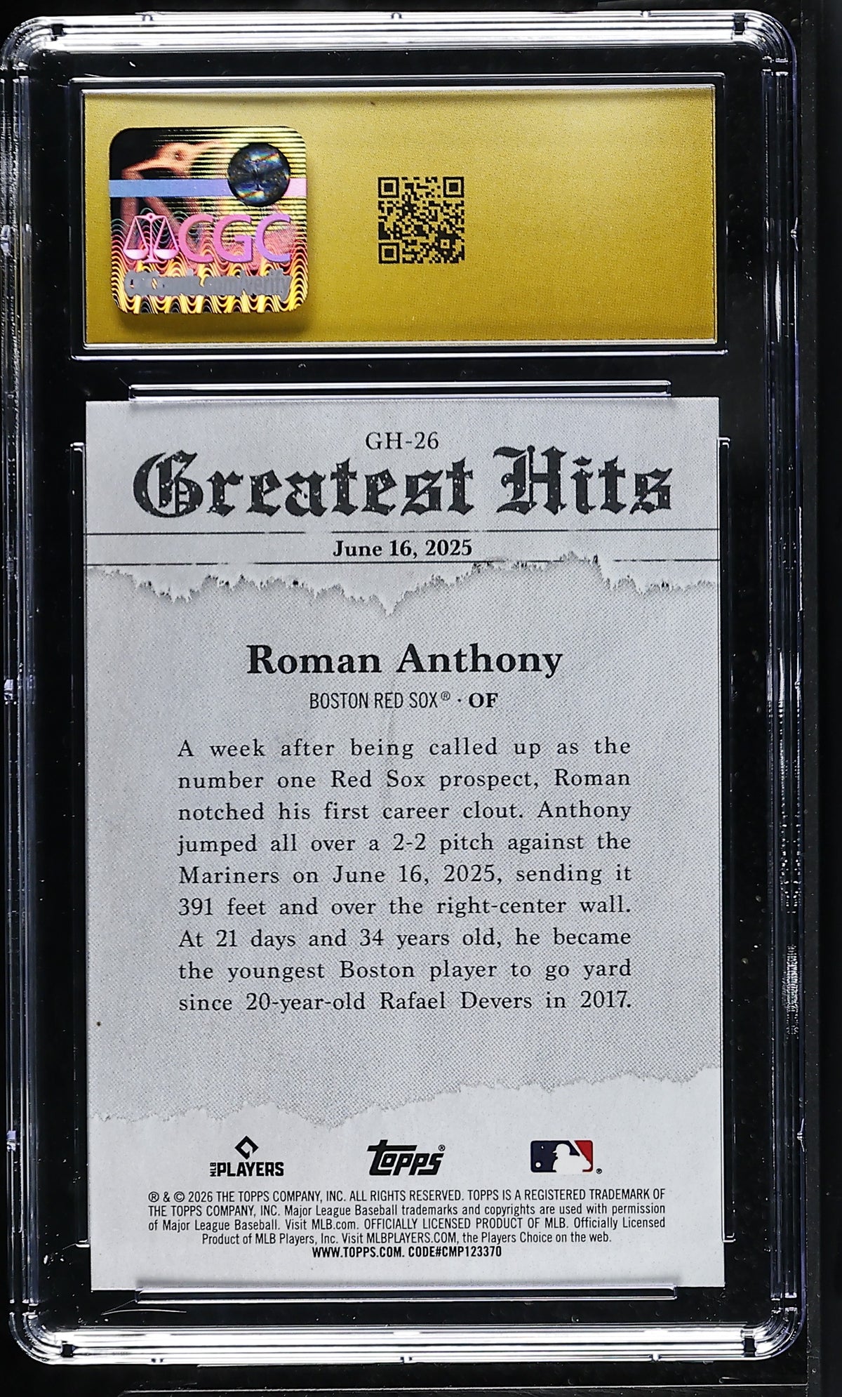 2026 Topps Roman Anthony Rookie Greatest Hits #GH-26 CGC 10 Pristine Red Sox