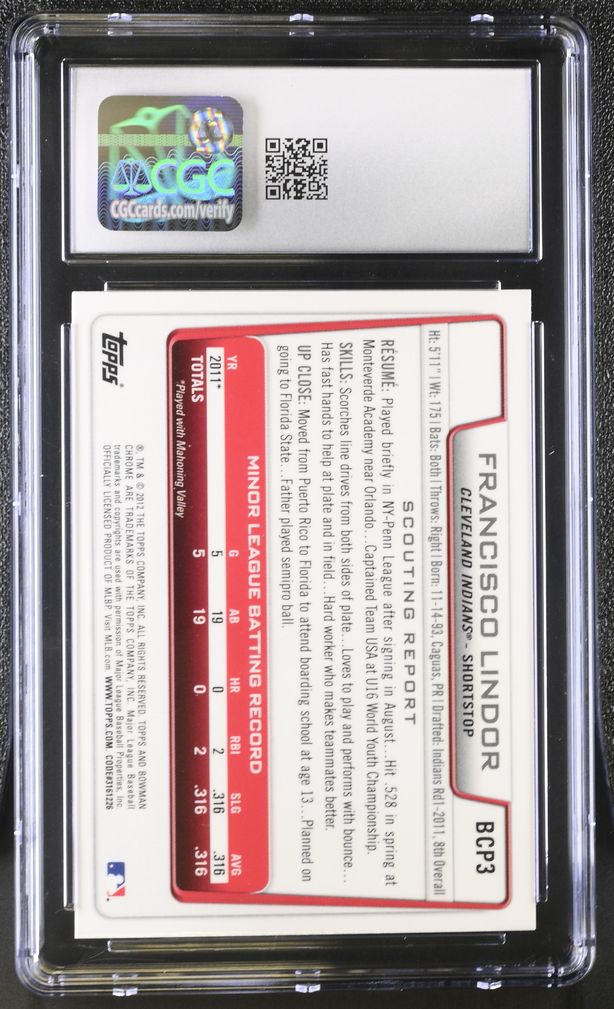 2012 Bowman Francisco Lindor #BCP3 Chrome Prospects CGC 9