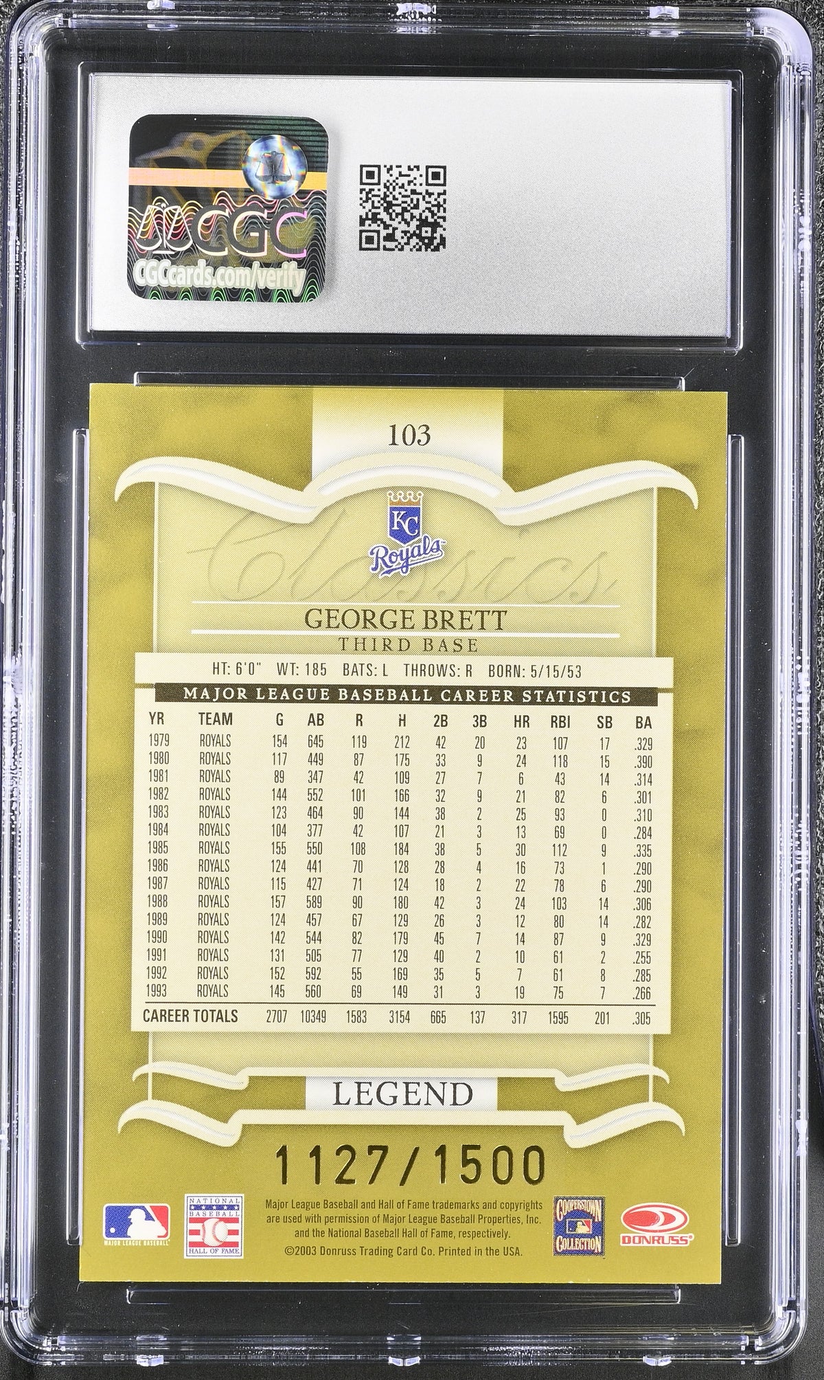 2003 Donruss Classics George Brett #103 CGC 9.5 Kansas City Royals