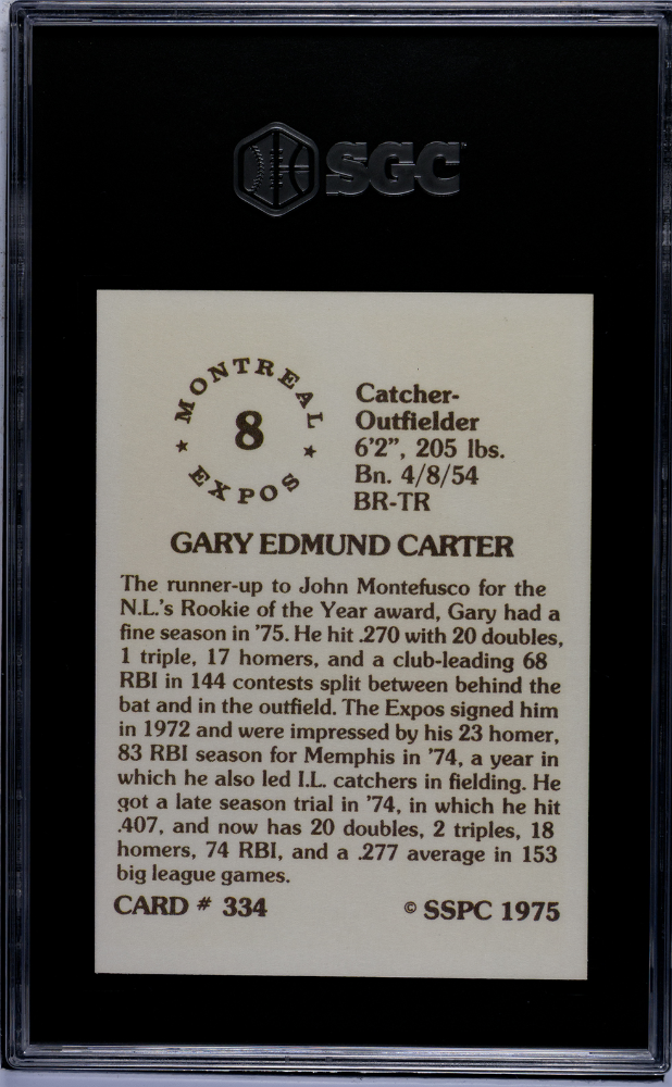 1975 Sspc Gary Carter Rookie #334 SGC 10 Montreal Expos