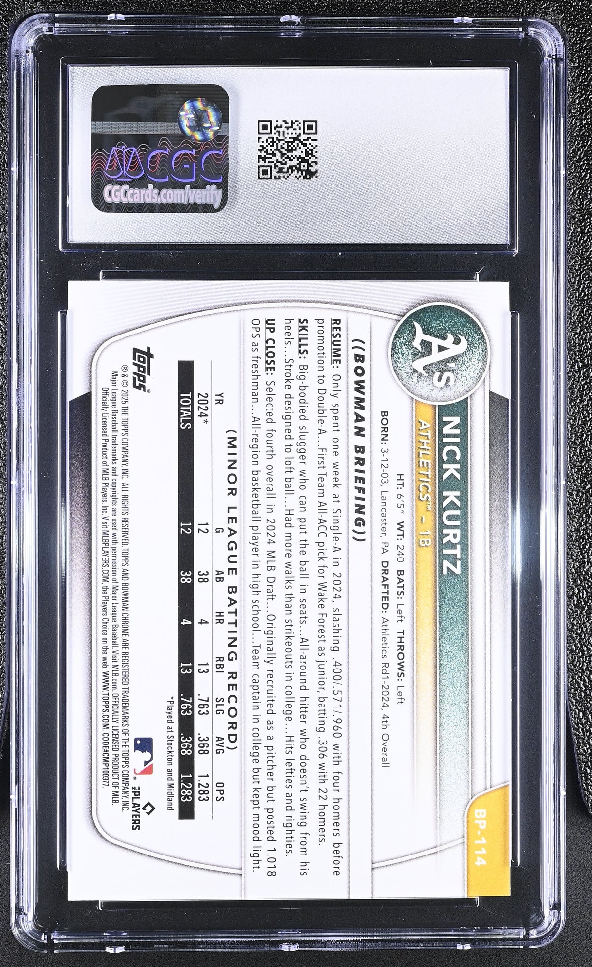2025 Bowman Nick Kurtz #BP-114 Prospects CGC 10