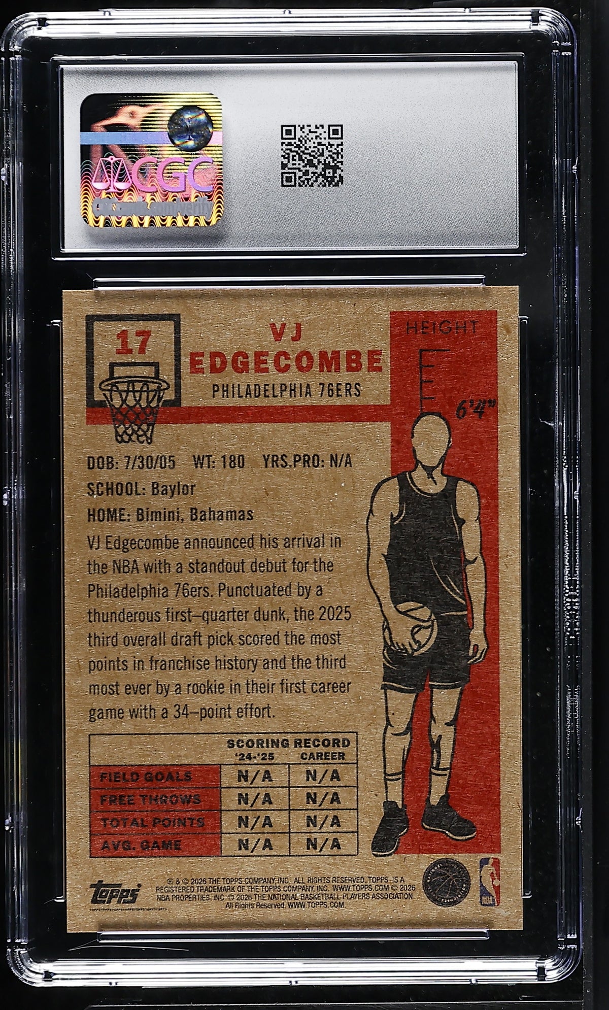 2025-26 Topps Living Set VJ Edgecombe Rookie #17 CGC 9.5 Philadelphia 76ers