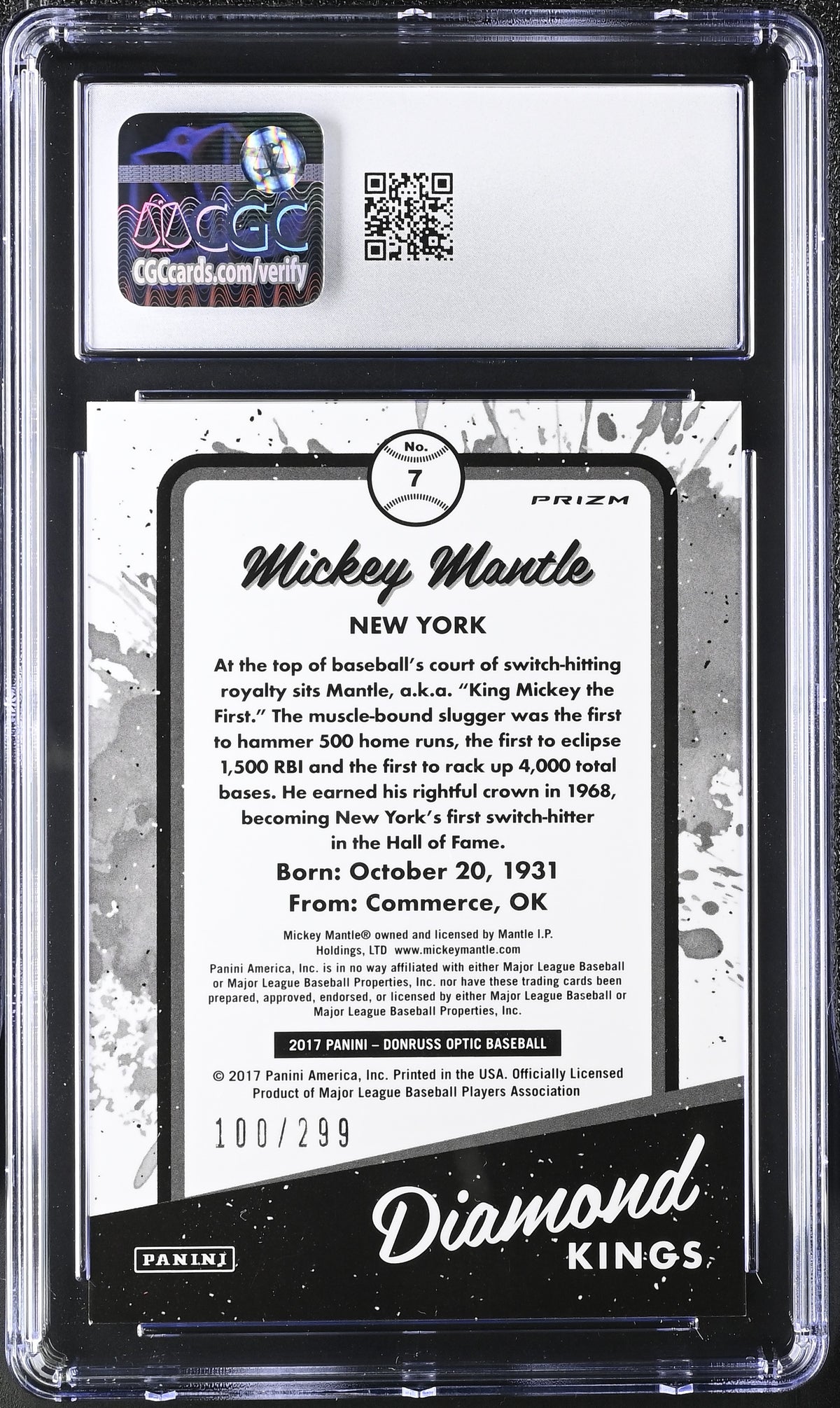 2017 Donruss Optic Mickey Mantle Aqua /299 #7 CGC 10 New York Yankees