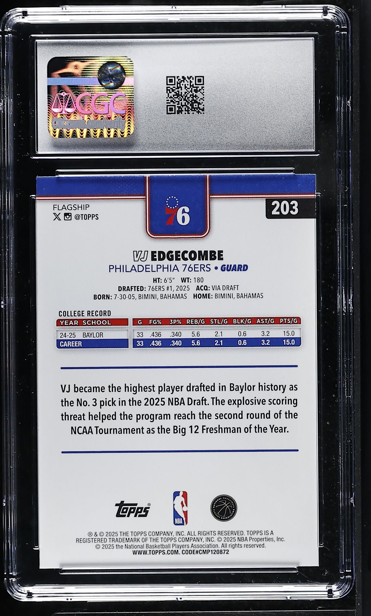 2025-26 Topps VJ Edgecombe #203 CGC 10