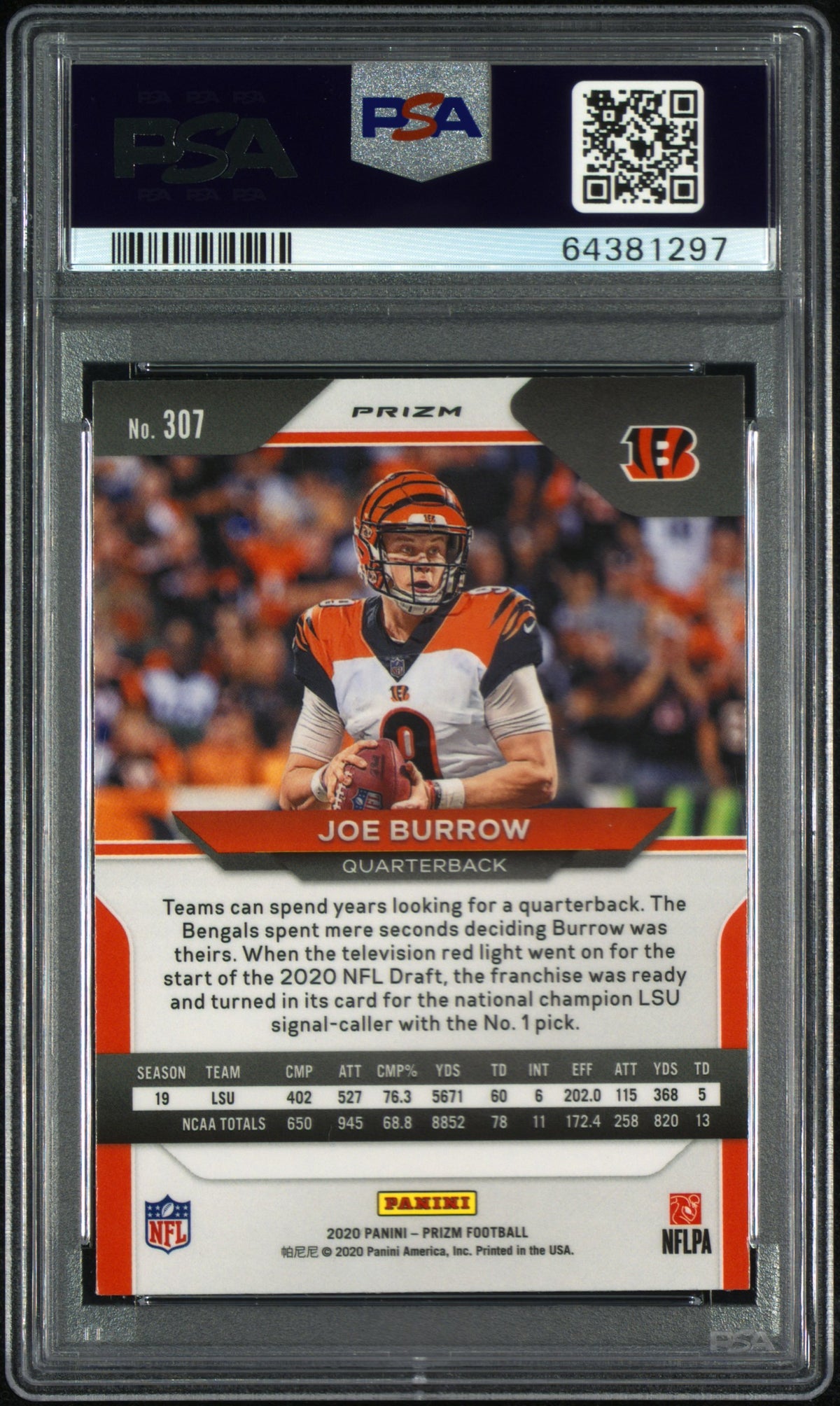 2020 Panini Prizm Joe Burrow Red White Blue Rookie #307 PSA 9 Cincinnati Bengals