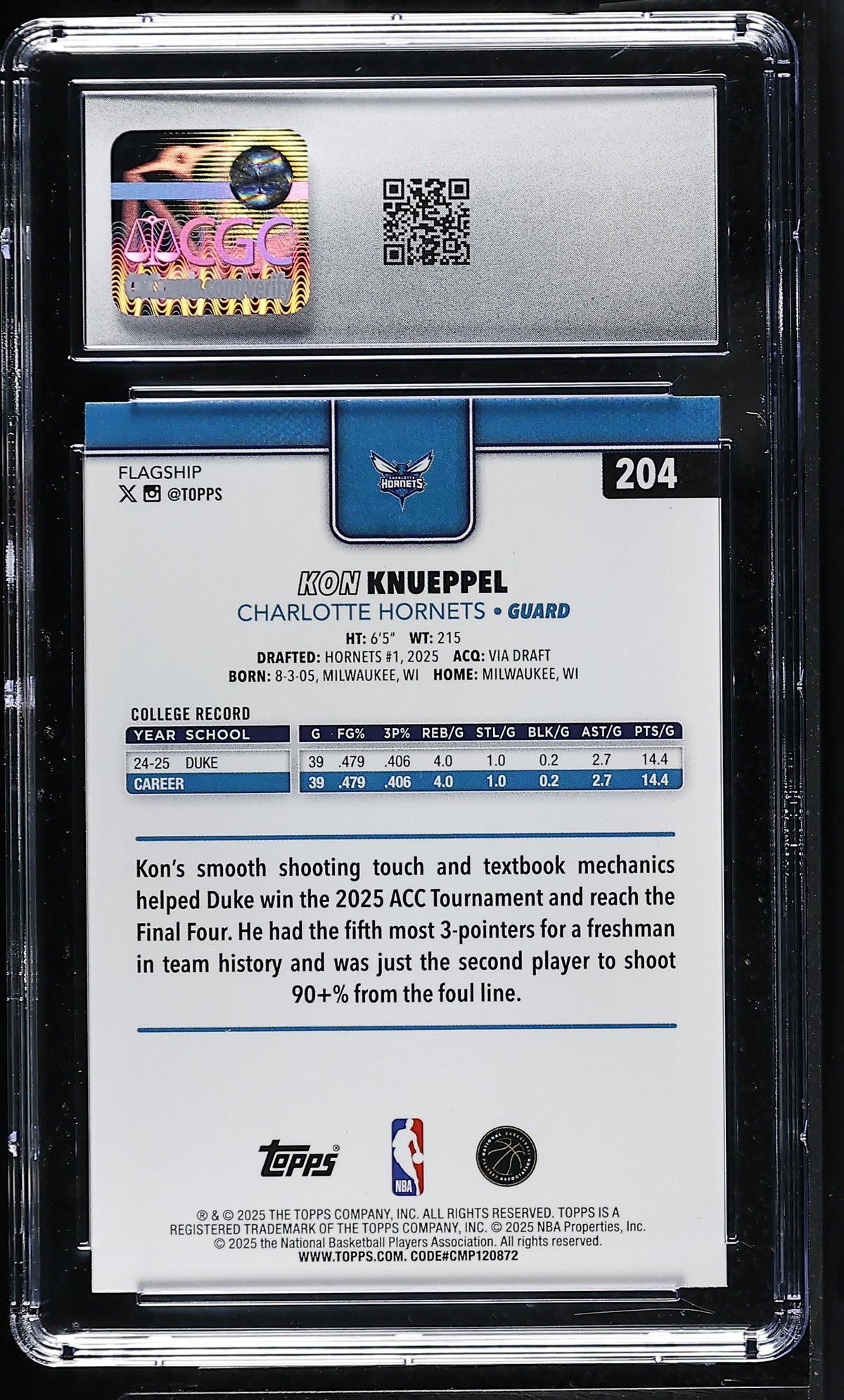 2025-26 Topps Kon Knueppel Rookie #204 CGC 9.5 Charlotte Hornets