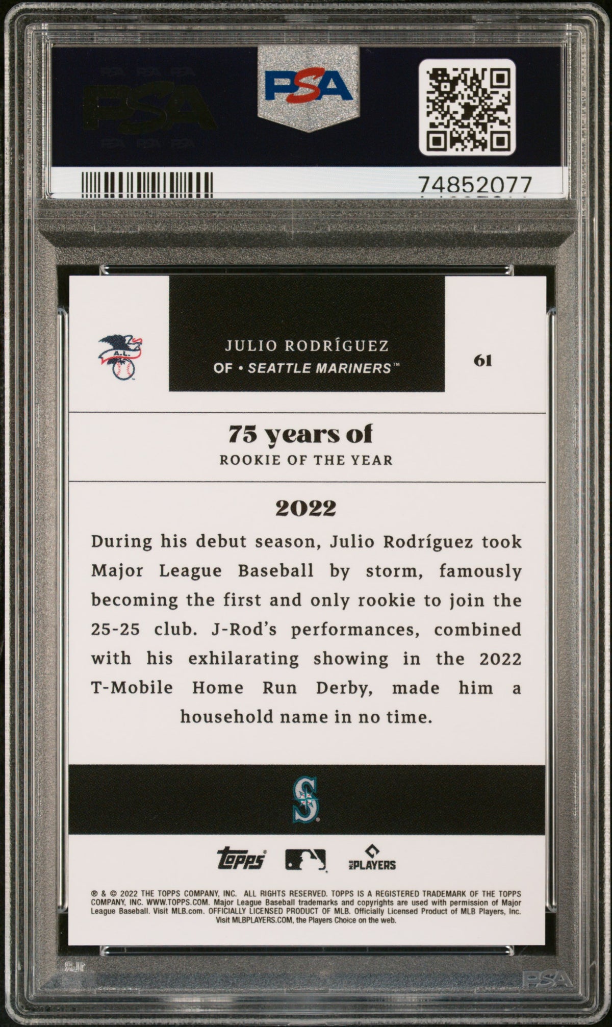 2022 Topps MLB Rookie Of The Year 75th Anniversary Julio Rodriguez #61 PSA 10
