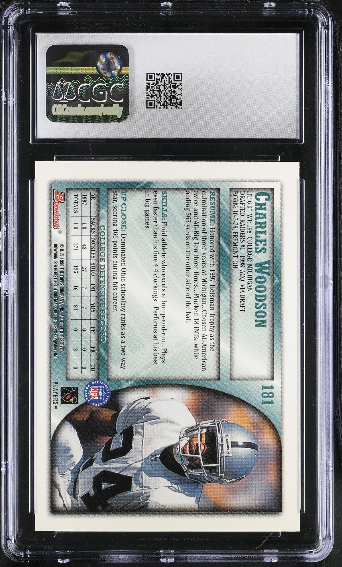 1998 Bowman Charles Woodson Rookie #181 CGC 9.5 Oakland Raiders