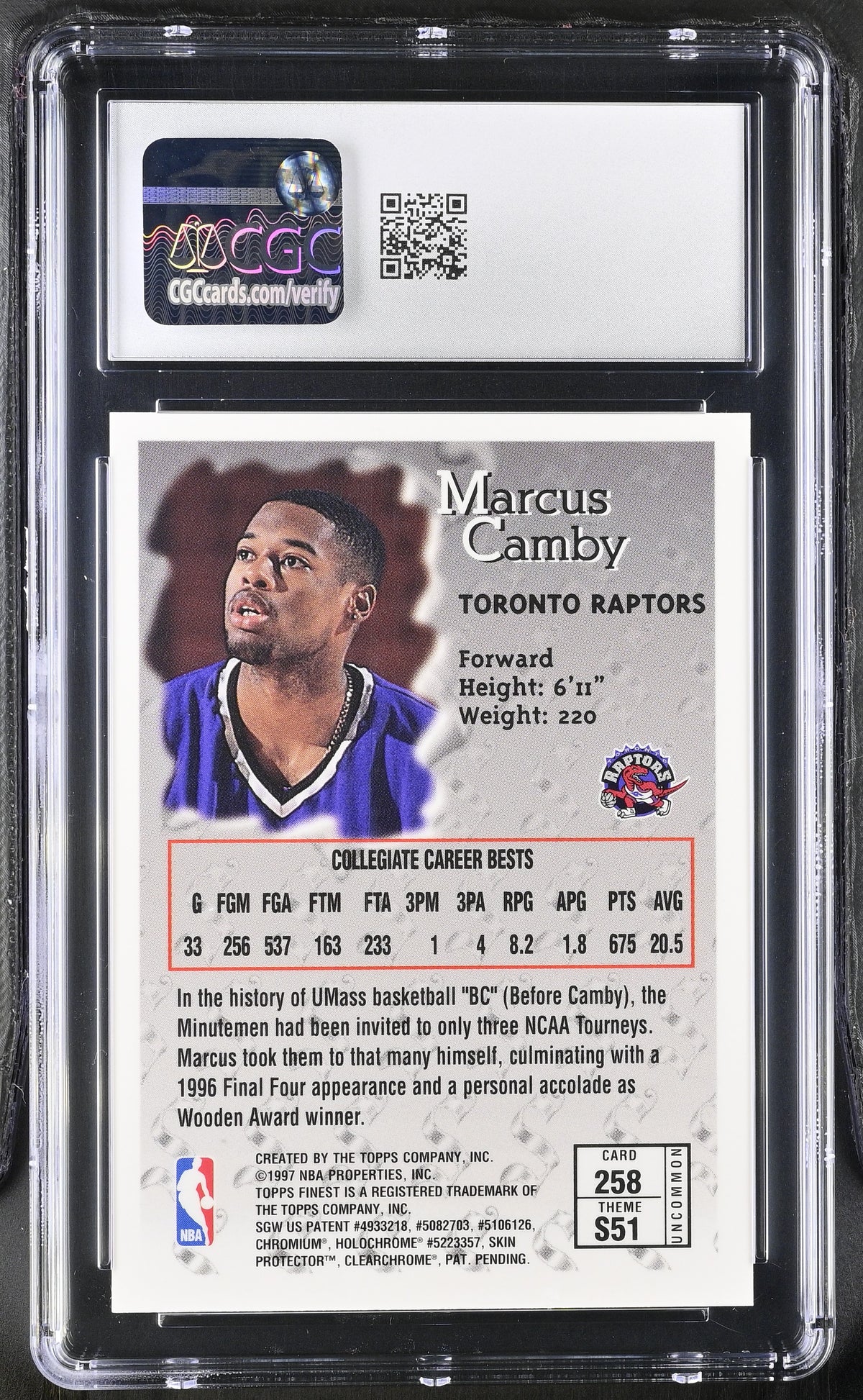 1996-97 Topps Finest Marcus Camby w/ Coating #258 CGC 10 Toronto Raptors