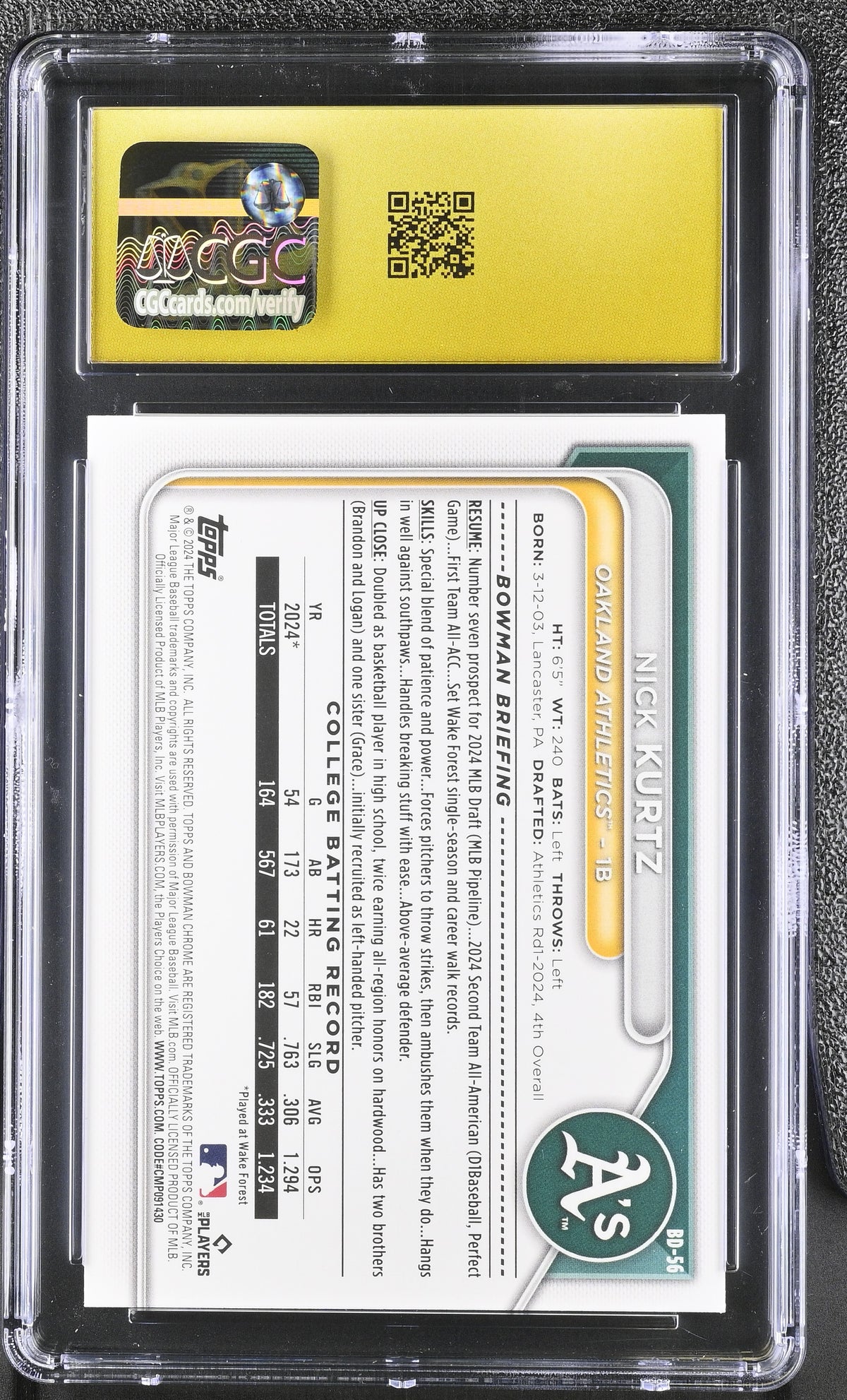 2024 Bowman Draft Nick Kurtz Rookie #BD-56 CGC 10 Pristine Athletics