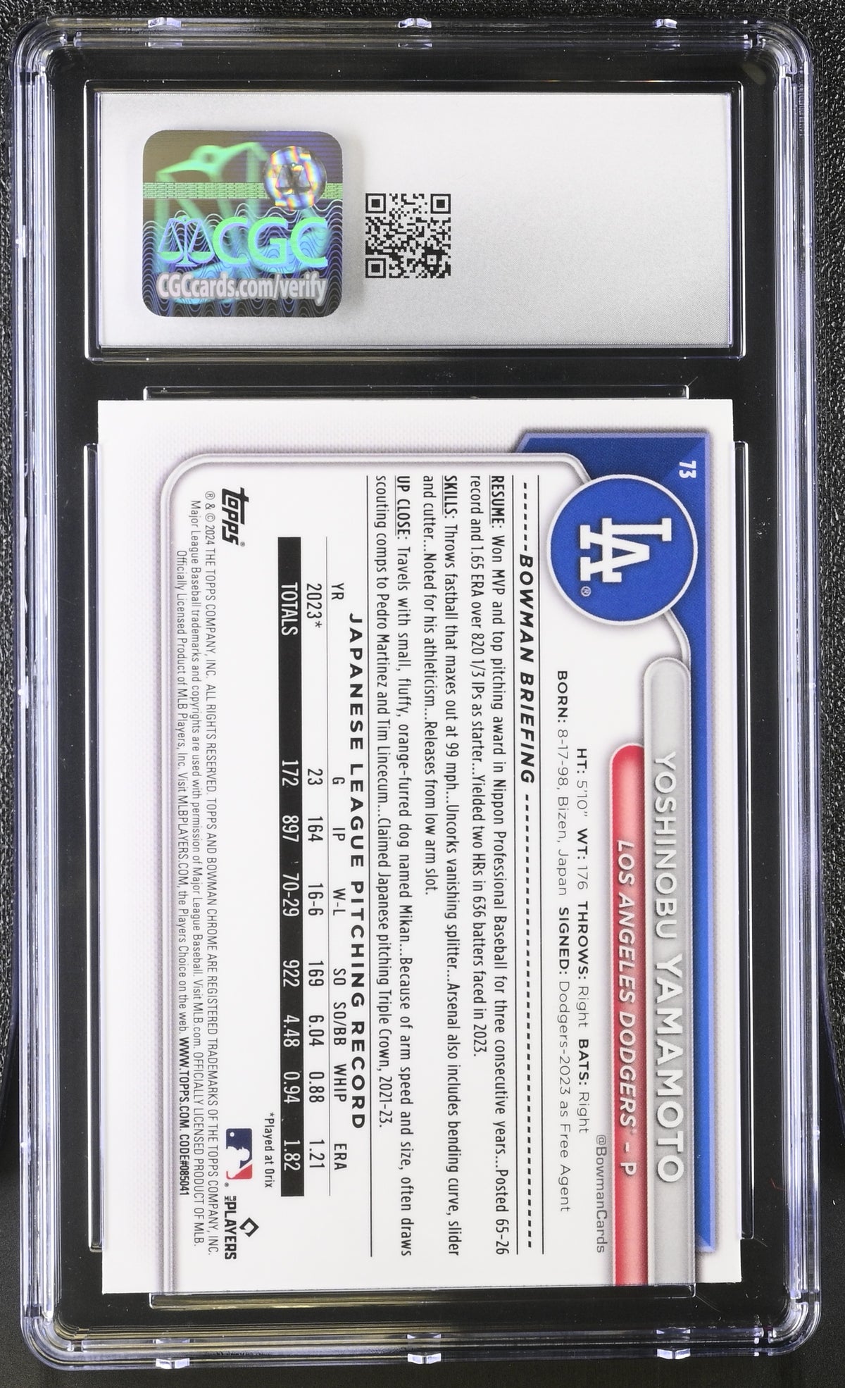 2024 Bowman Chrome Yoshinobu Yamamoto Rookie #73 CGC 9 Los Angeles Dodgers