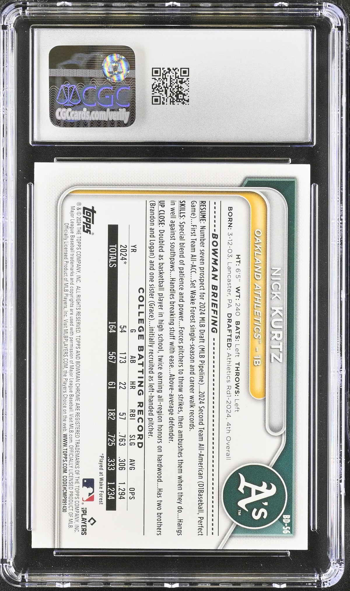 2024 Bowman Draft Nick Kurtz Rookie #BD-56 CGC 10 Oakland Athletics