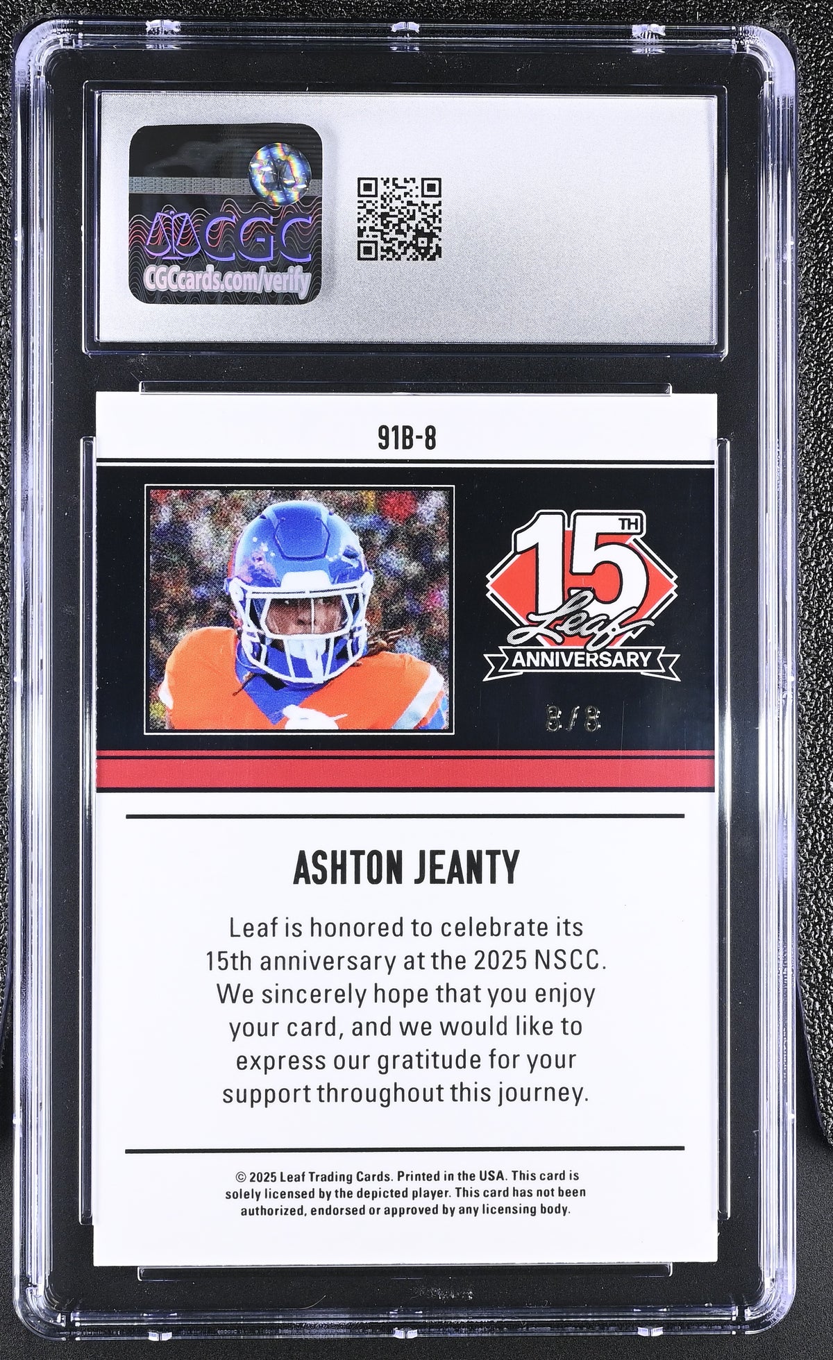 2025 Leaf 15th Anniversary Ashton Jeanty Pink Shimmer /8 '91 Rookie CGC 9 Boise