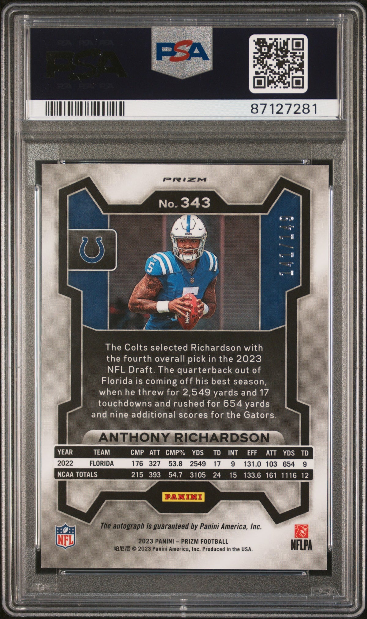 2023 Panini Prizm Anthony Richardson Auto Red Wave /149 Rookie #343 PSA 9 Colts