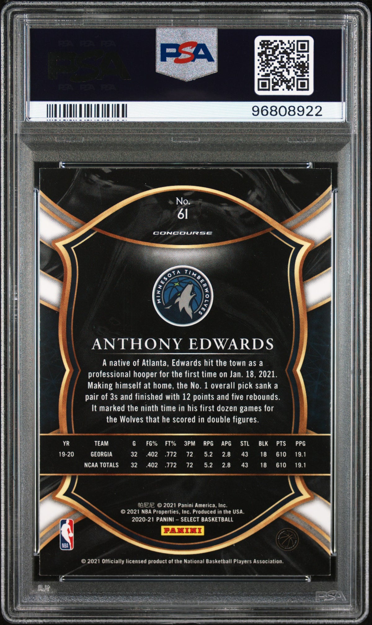 2020 Panini Select Anthony Edwards Blue Retail Rookie #61 PSA 8 Timberwolves