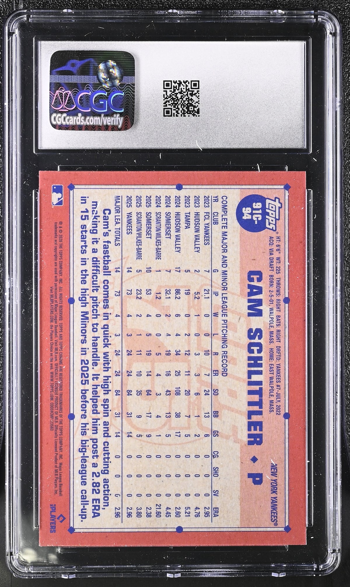2026 Topps Cam Schlittler Rookie '91 Silver Pack #91C-94 CGC 9 New York Yankees