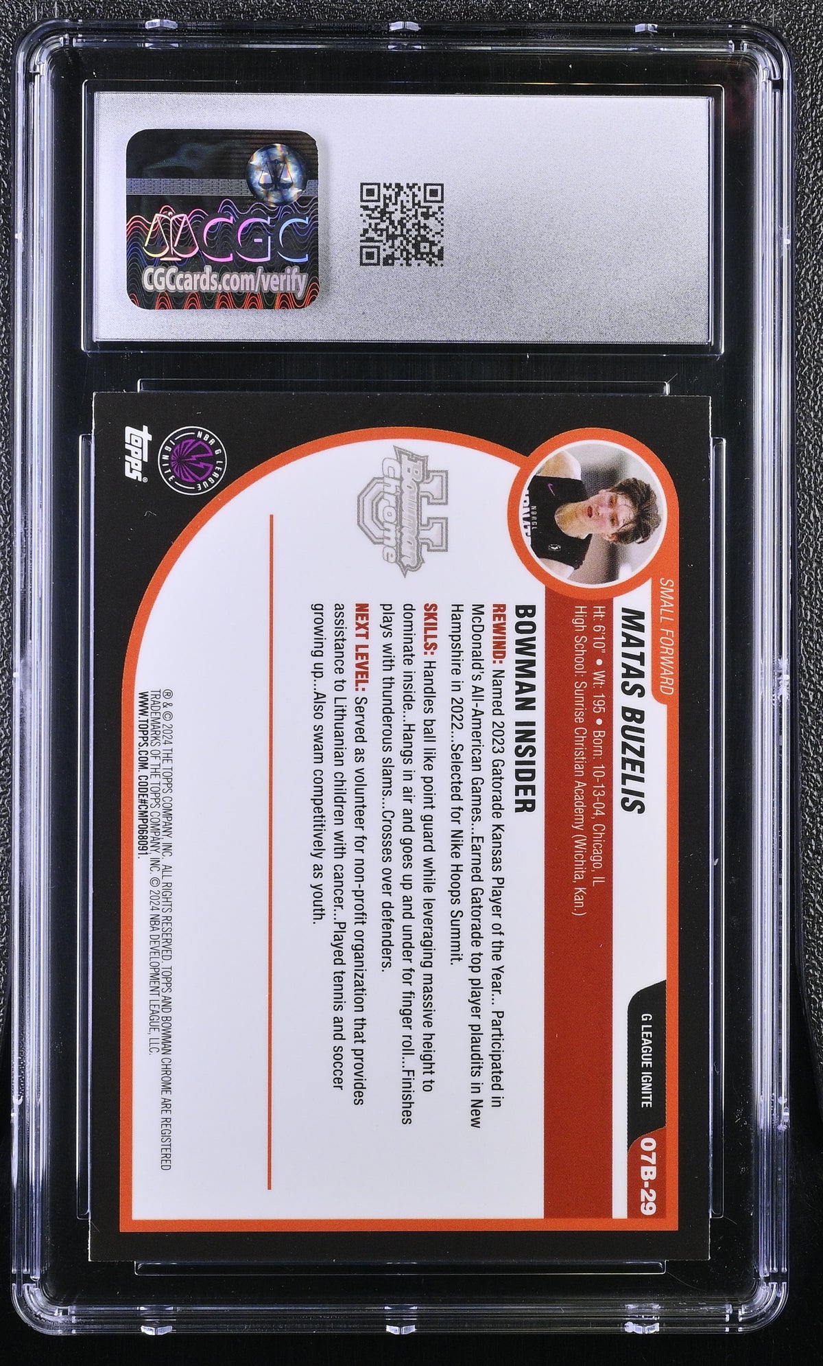 2023-24 Bowman University Chrome Matas Buzelis Rookie '07-08 #07B-29 CGC 9.5