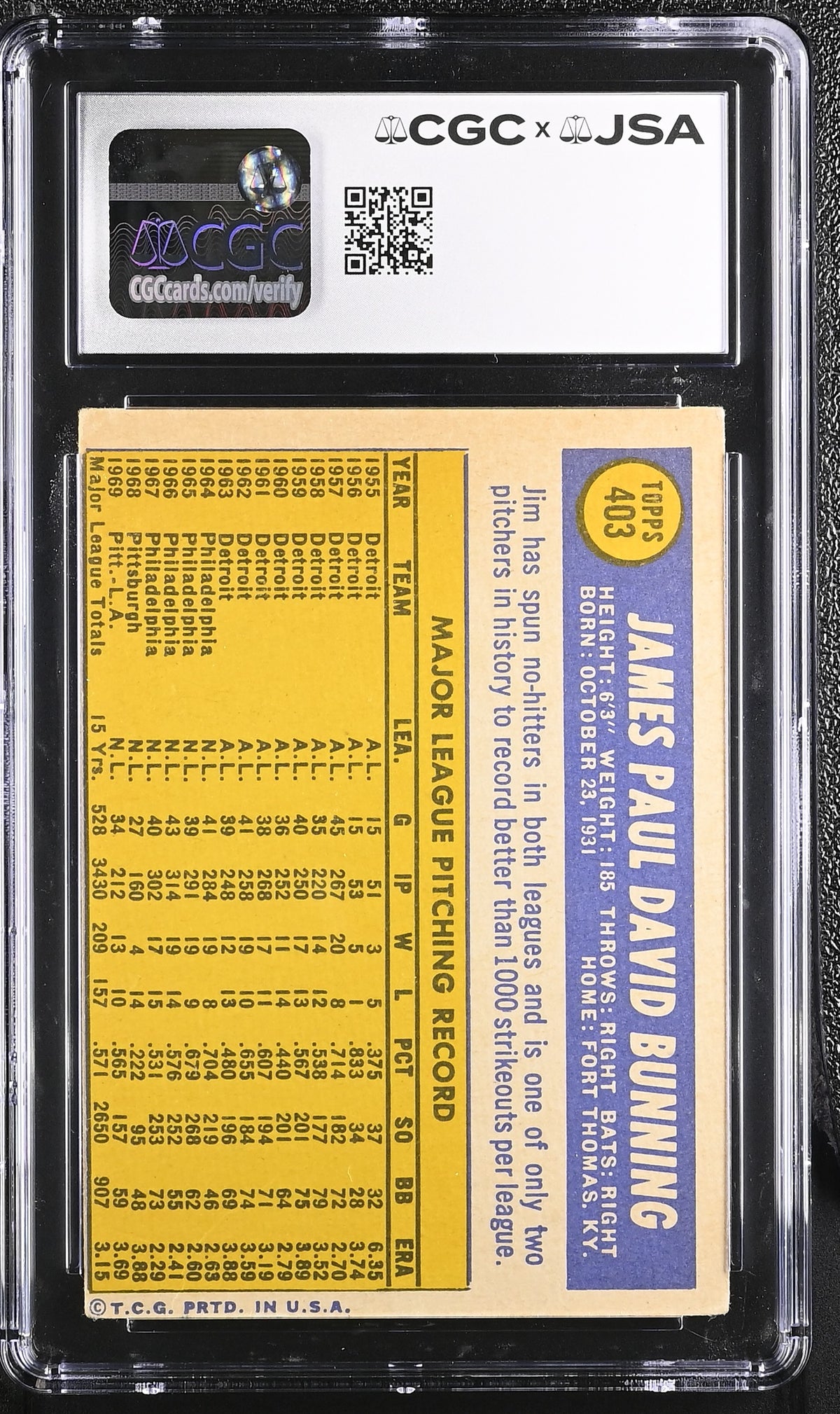 1970 Topps Jim Bunning Auto Autograph #403 CGC Authentic JSA Phillies
