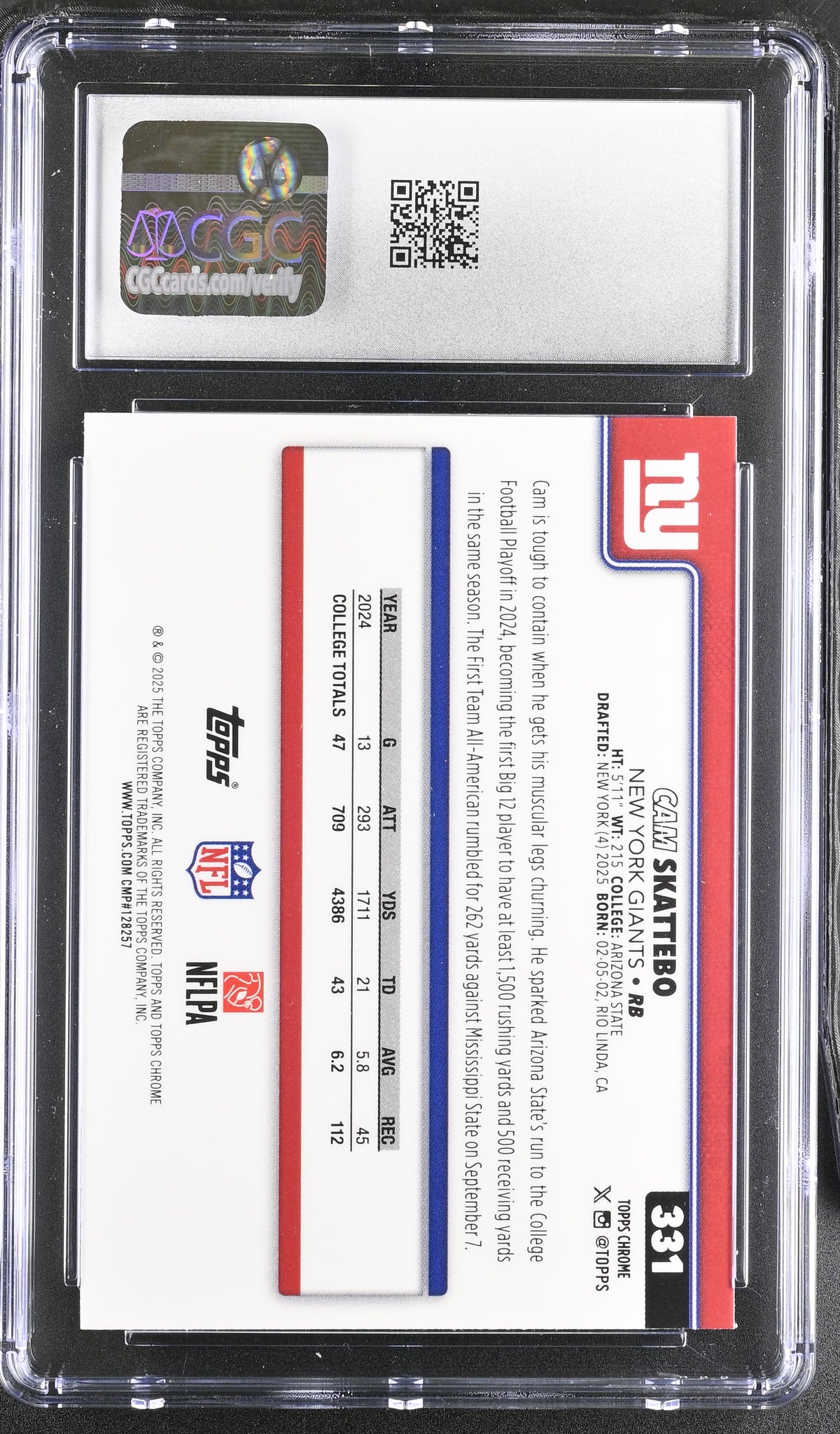 2025 Topps Chrome Cam Skattebo RayWave Refractor Rookie #331 CGC 10 Giants