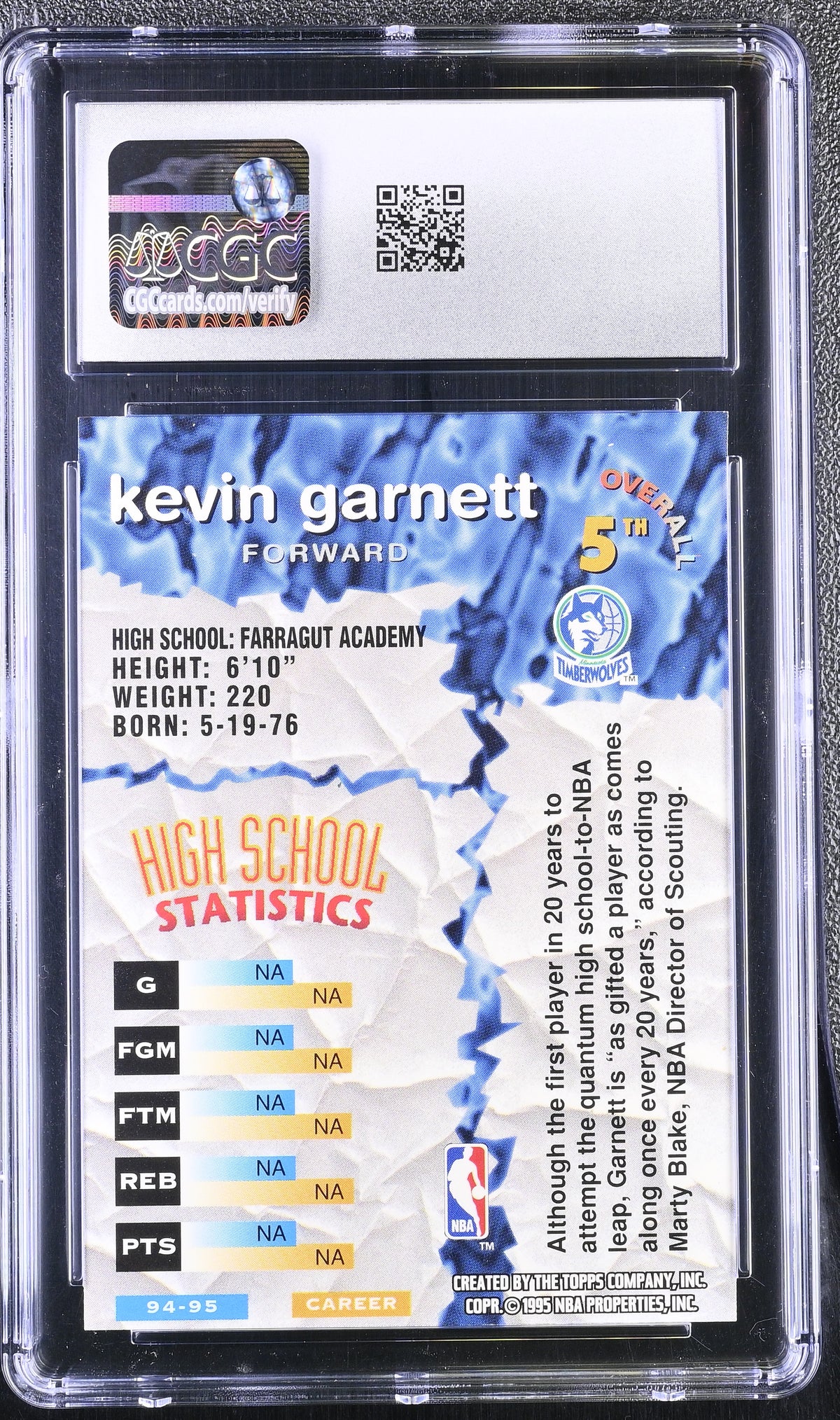 1995-96 Stadium Club Kevin Garnett Rookie Draft Picks #5 CGC 9 Timberwolves