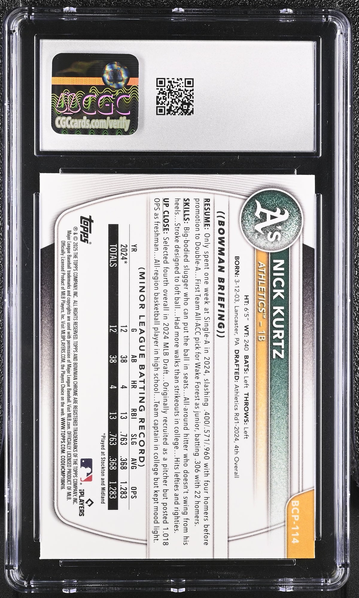 2025 Bowman Nick Kurtz Rookie Chrome Prospects #BCP-114 CGC 10 Oakland Athletics