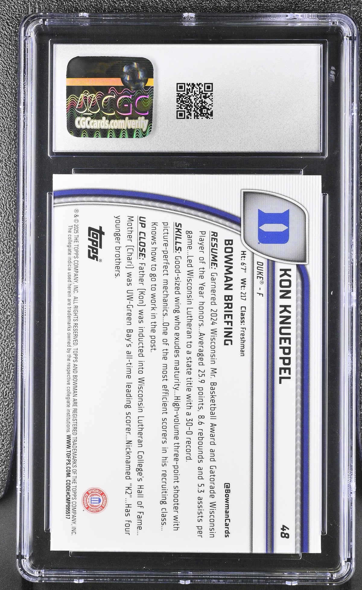 2024-25 Bowman University Chrome Kon Knueppel Green Shimmer #48 CGC 9.5 Duke