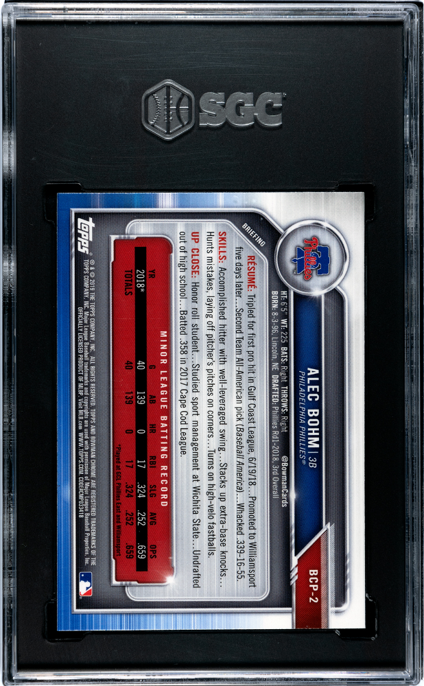 2019 Bowman Chrome Mega Box Alec Bohm Rookie #BCP-2 SGC 10 Philadelphia Phillies