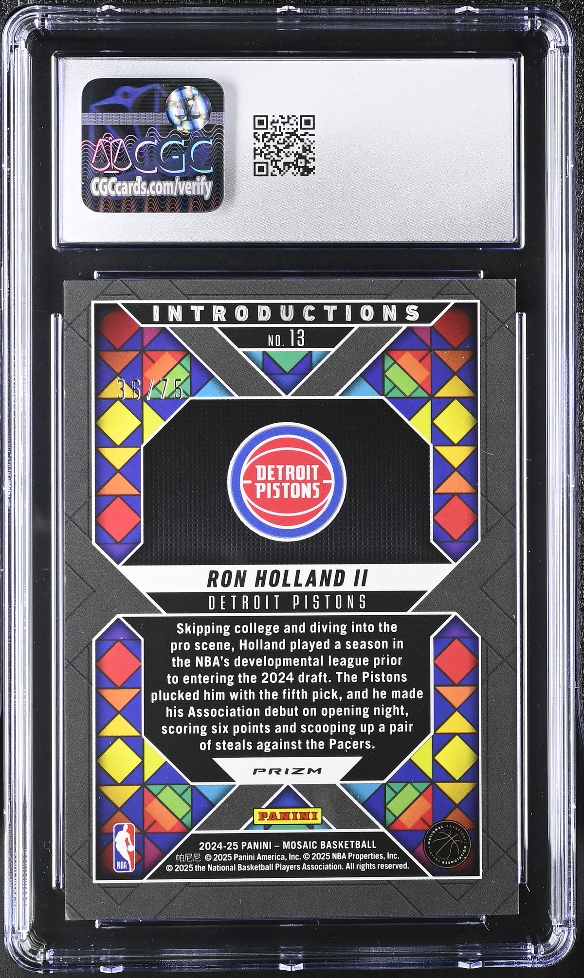 2024-25 Mosaic Ron Holland II Bronze /75 Rookie Introductions #13 CGC 10 Pistons