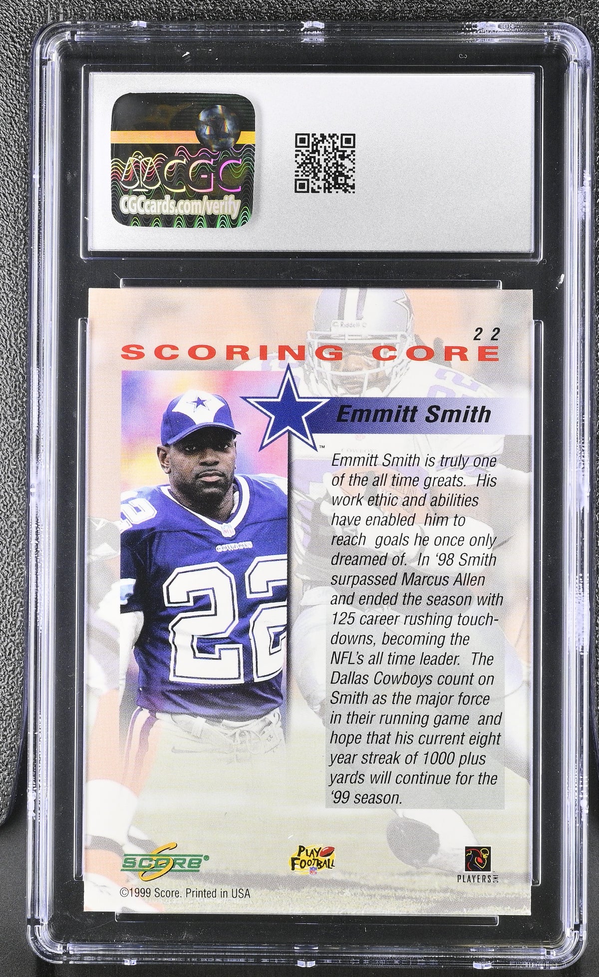 1999 Score Emmitt Smith Scoring Core #22 CGC 10 Dallas Cowboys