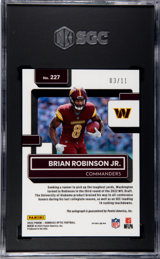 2022 Donruss Optic Brian Robinson JR Auto Red Stars /11 Rookie SGC 10 Commanders